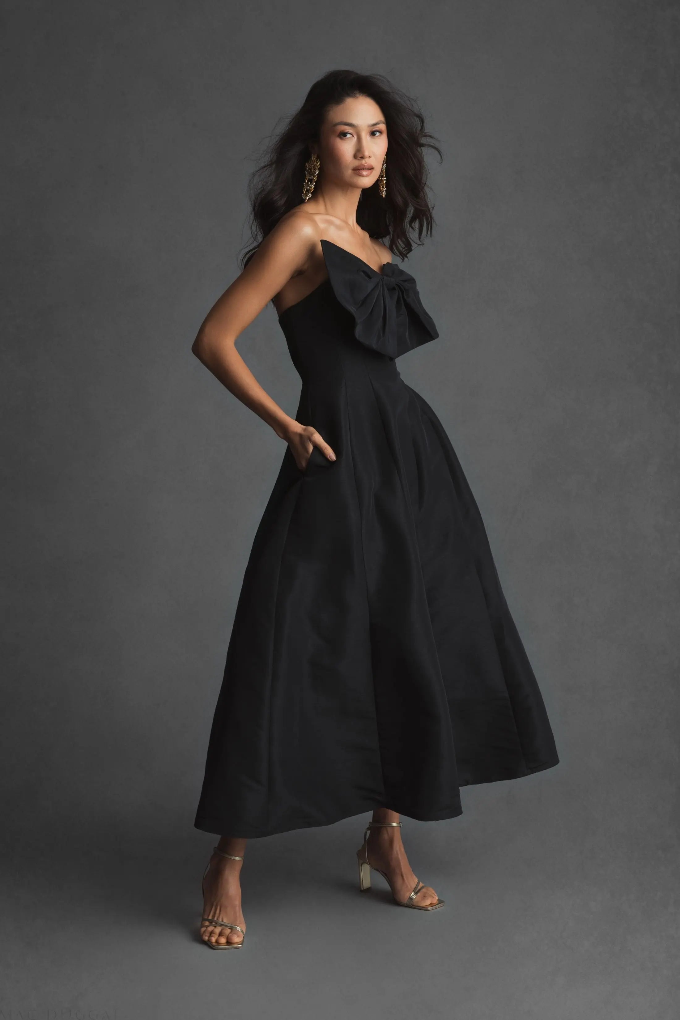Black Strapless A-Line Tea Length Statement Bow Dress - Mac Duggal