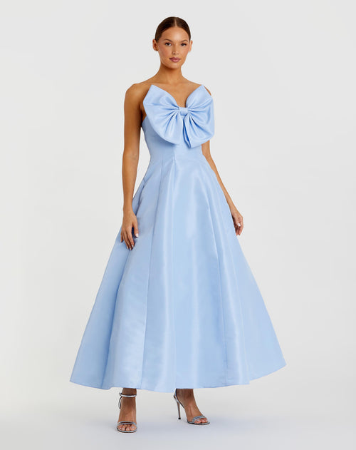 Blue Strapless A-Line Tea Length Statement Bow Dress Ieena for Mac Duggal