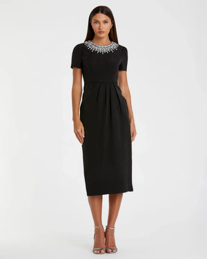 Ieena for Mac Duggal - Black Short Sleeve Rhinestone Neckline Midi Dress