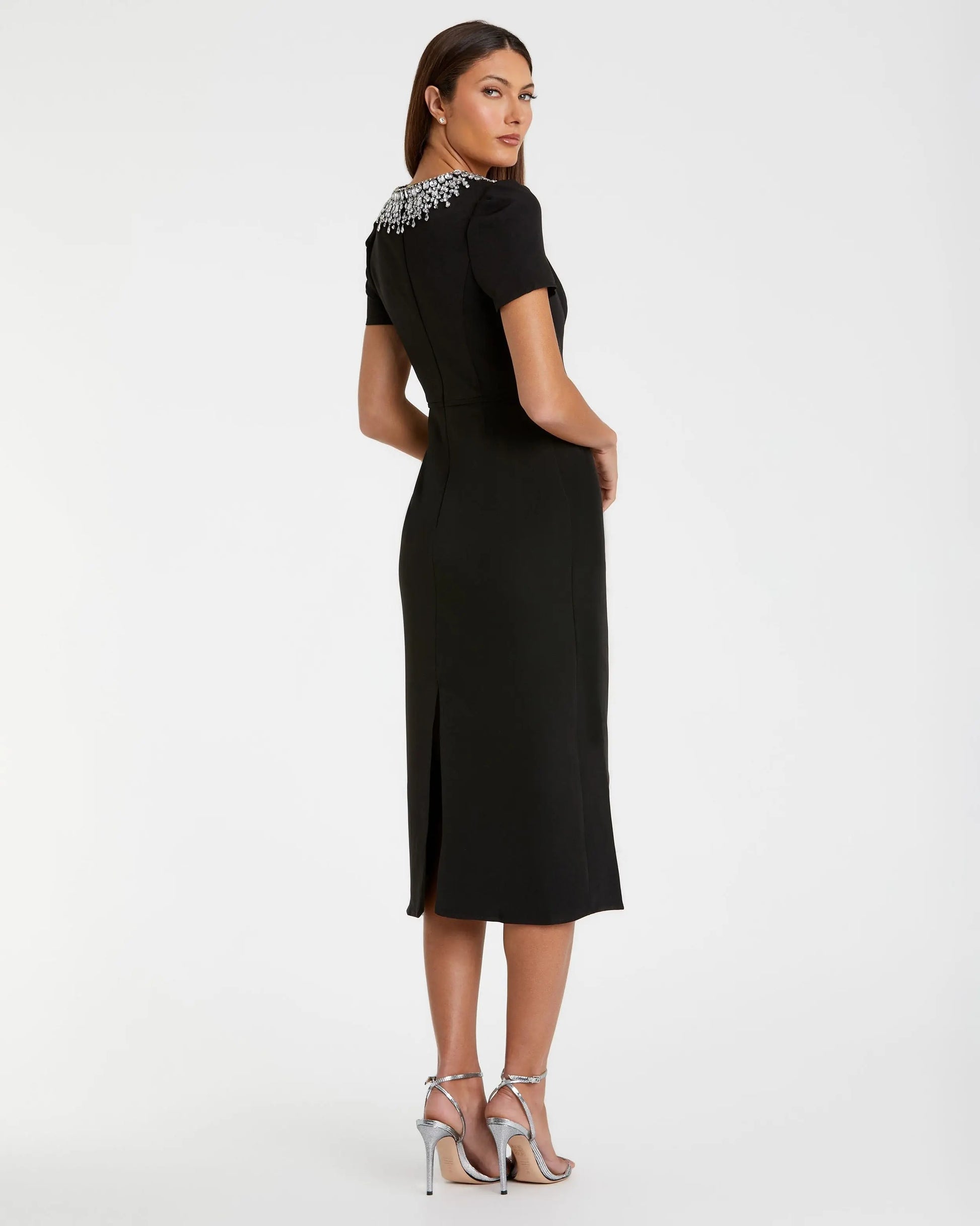 Black Short Sleeve Rhinestone Neckline Sheath Dress | Mac Duggal Black Short Sleeve Rhinestone Neckline Sheath Dress | Mac Duggal