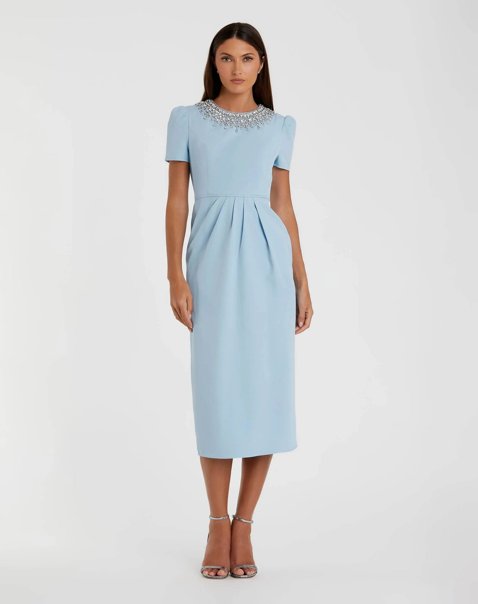 Blue Short Sleeve Rhinestone Neckline Midi Dress | Mac Duggal Blue Short Sleeve Rhinestone Neckline Midi Dress | Mac Duggal