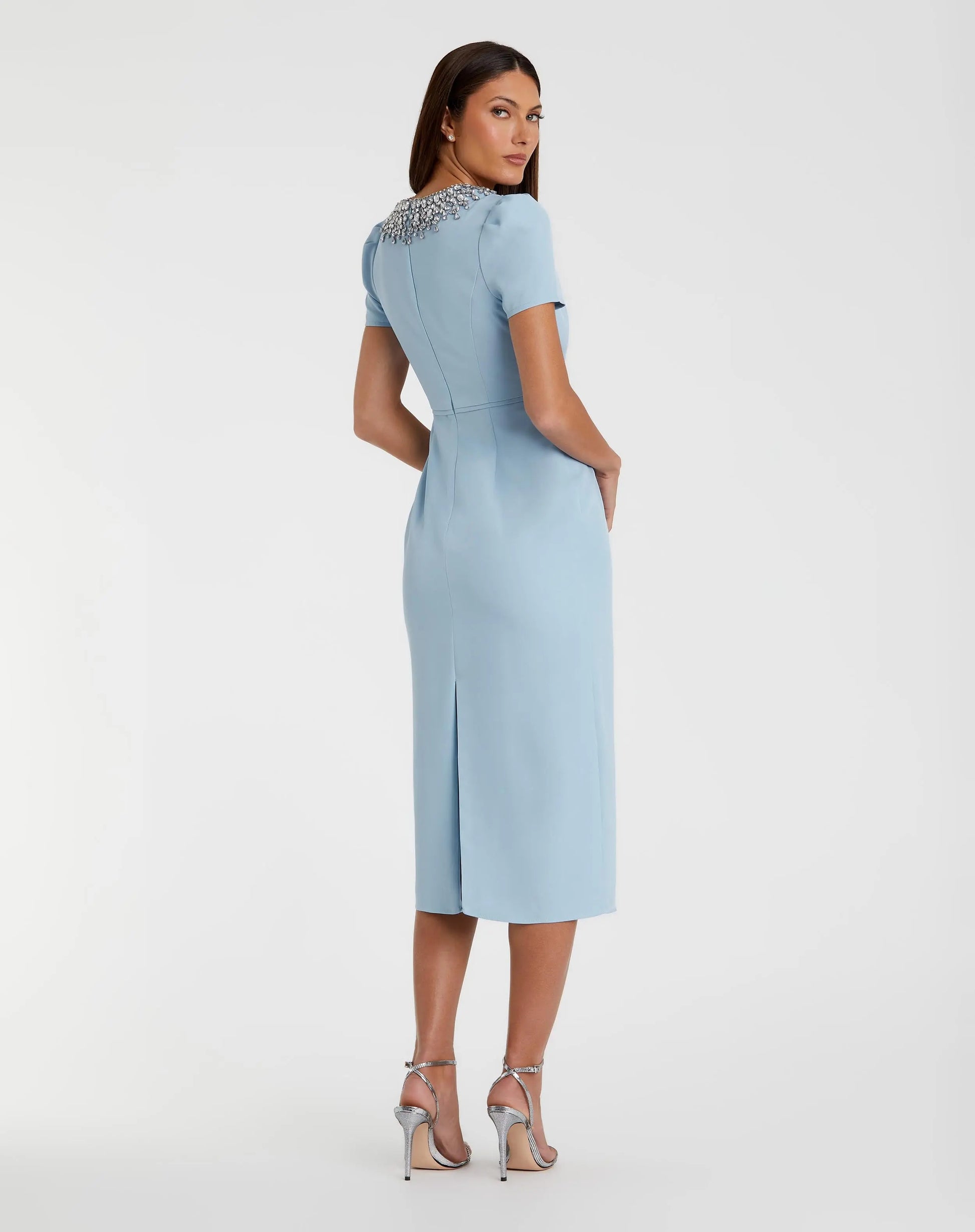 Blue Short Sleeve Rhinestone Neckline Midi Dress | Mac Duggal Blue Short Sleeve Rhinestone Neckline Midi Dress | Mac Duggal