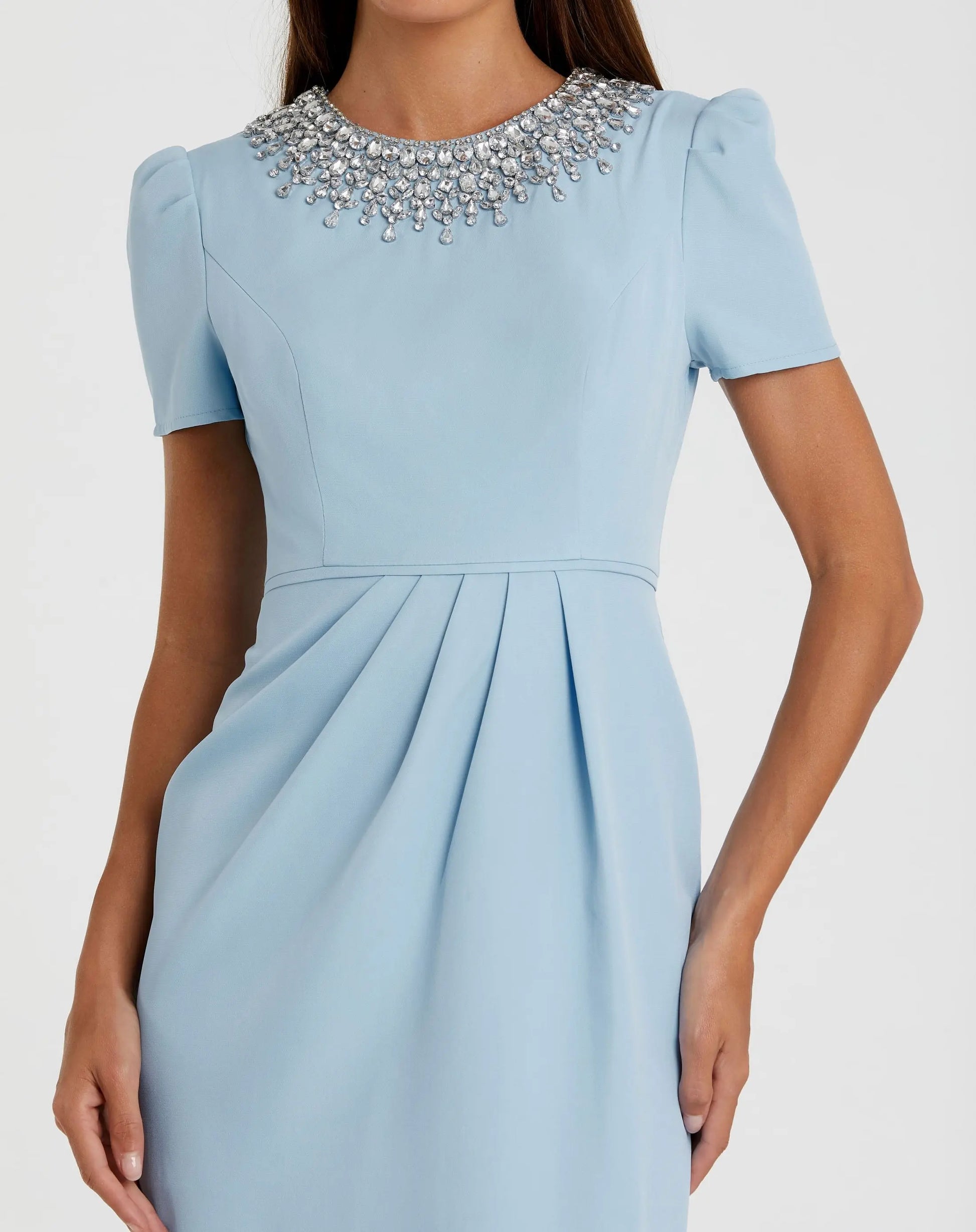 Blue Short Sleeve Rhinestone Neckline Midi Dress | Mac Duggal Blue Short Sleeve Rhinestone Neckline Midi Dress | Mac Duggal