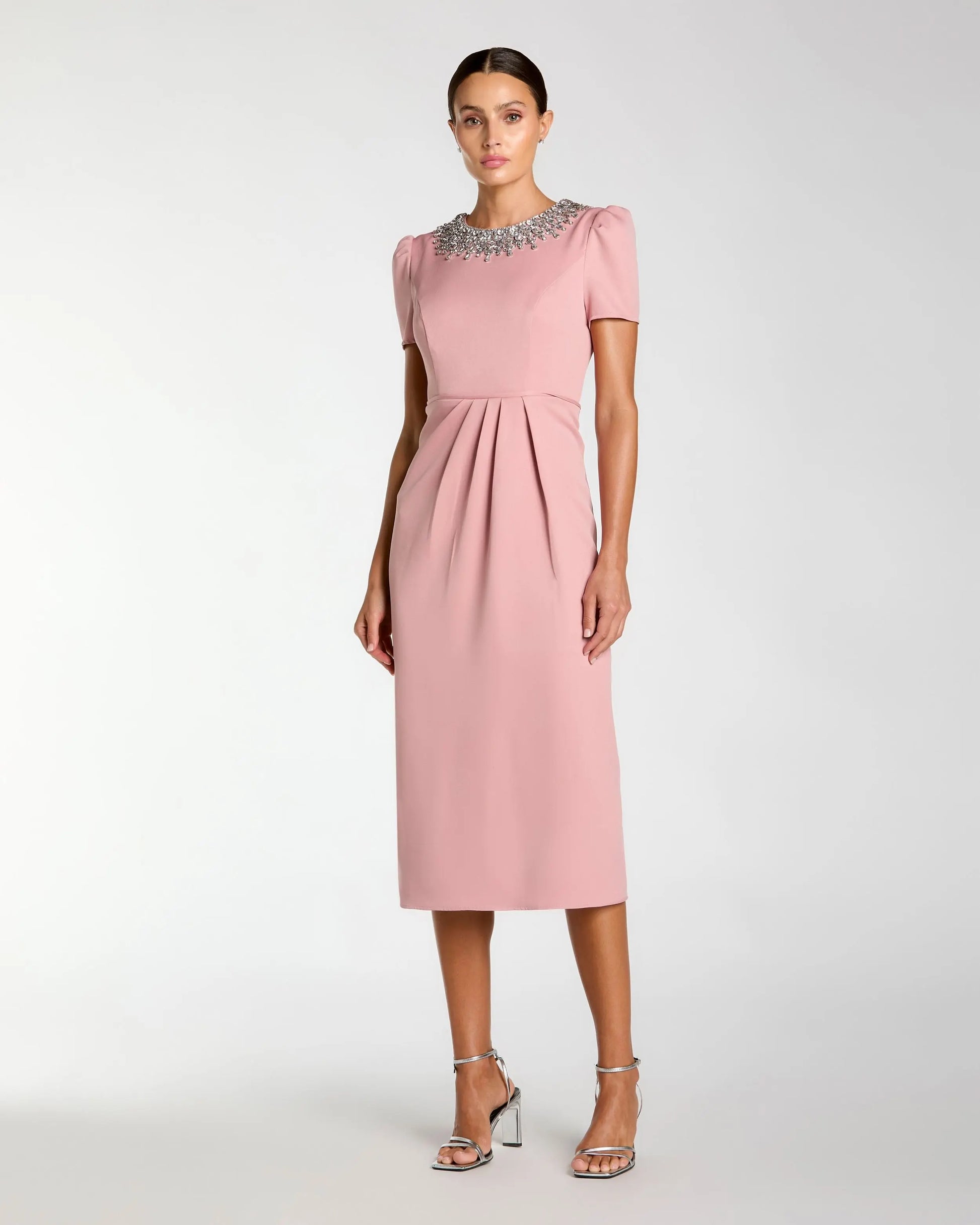 Pink Short Sleeve Rhinestone Neckline Sheath Dress