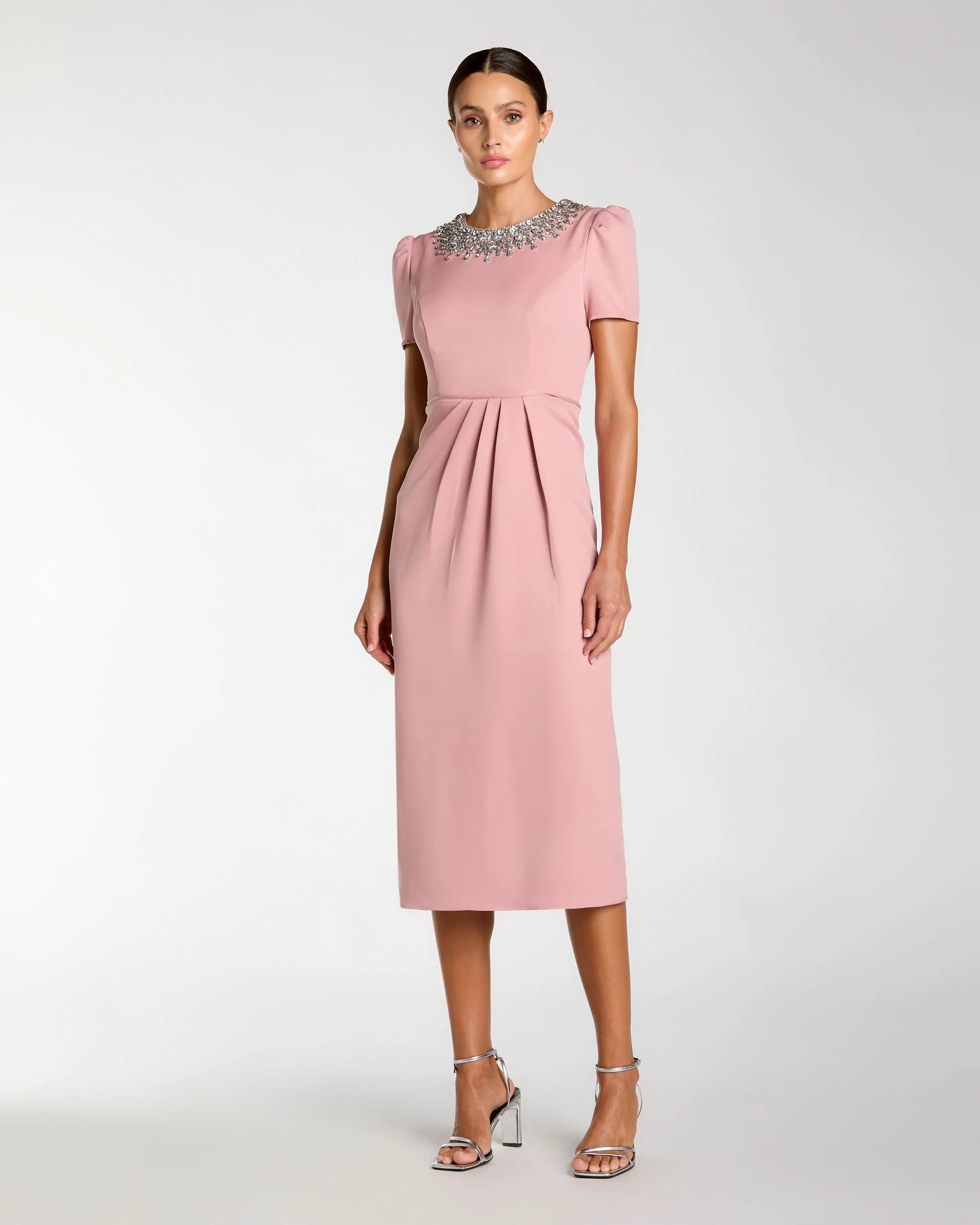 Pink Short Sleeve Rhinestone Neckline Sheath Dress Ieena for Mac Duggal