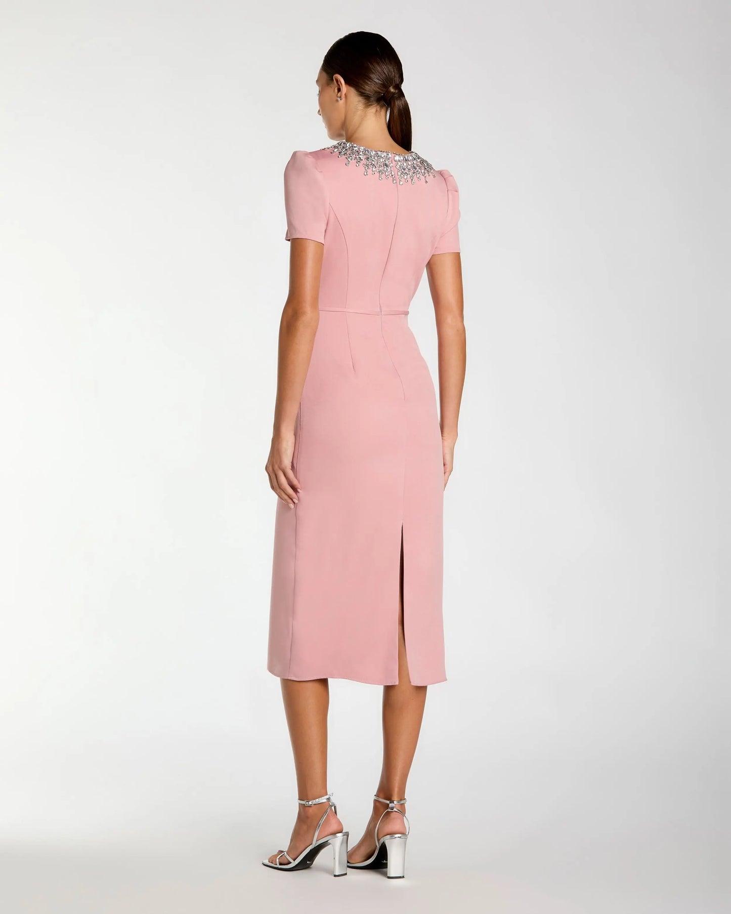 Pink Short Sleeve Rhinestone Neckline Sheath Dress Ieena for Mac Duggal