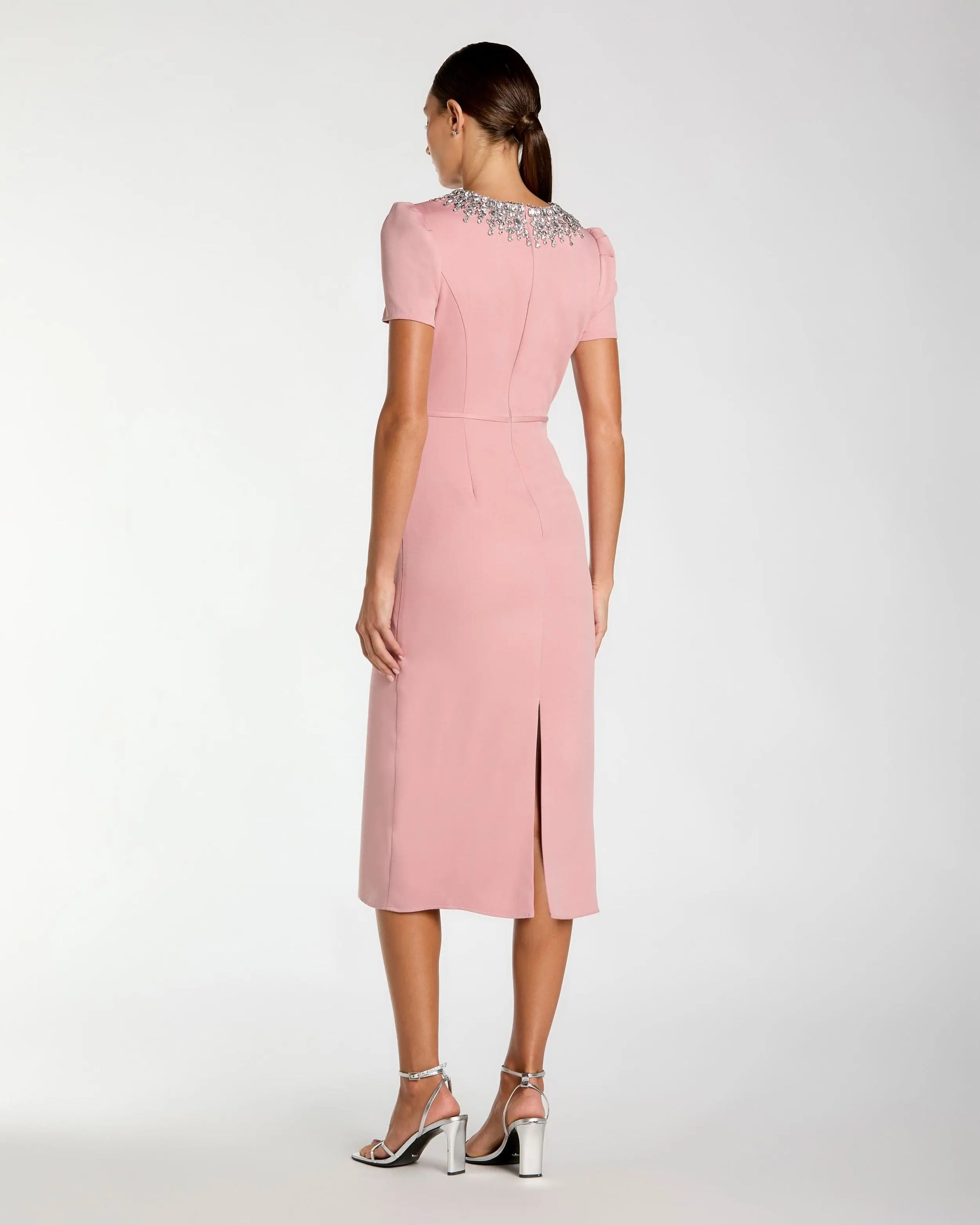 Pink Short Sleeve Rhinestone Neckline Sheath Dress Ieena for Mac Duggal