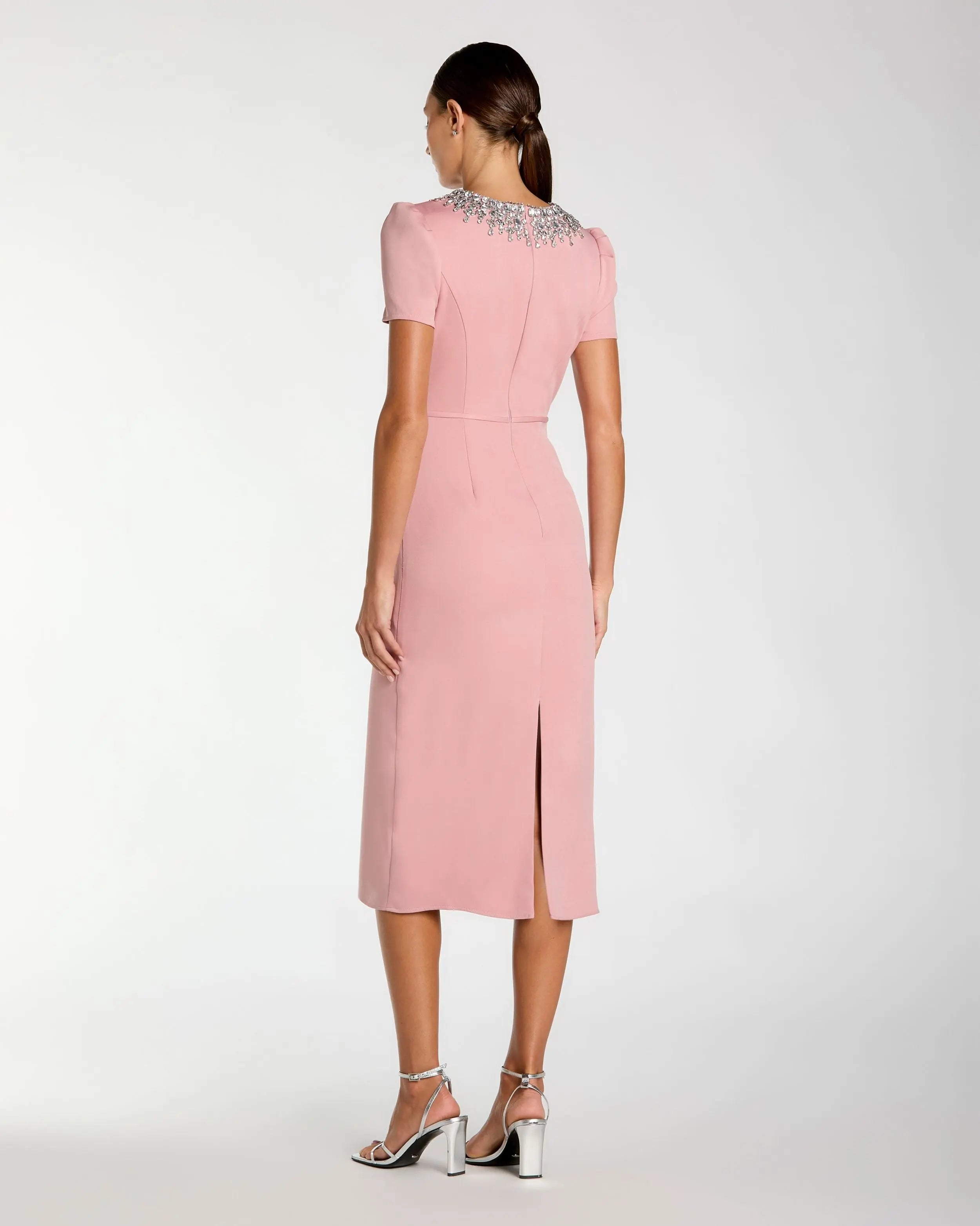 Pink Short Sleeve Rhinestone Neckline Sheath Dress Ieena for Mac Duggal