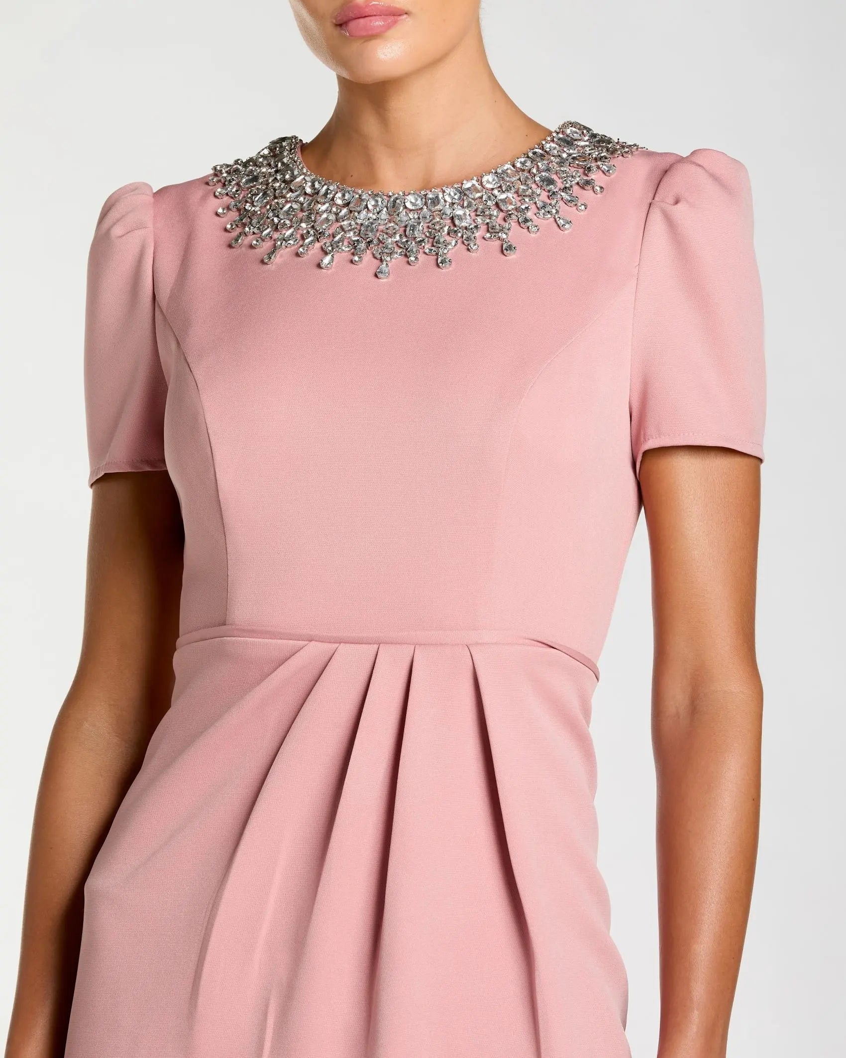 Pink Short Sleeve Rhinestone Neckline Sheath Dress Ieena for Mac Duggal