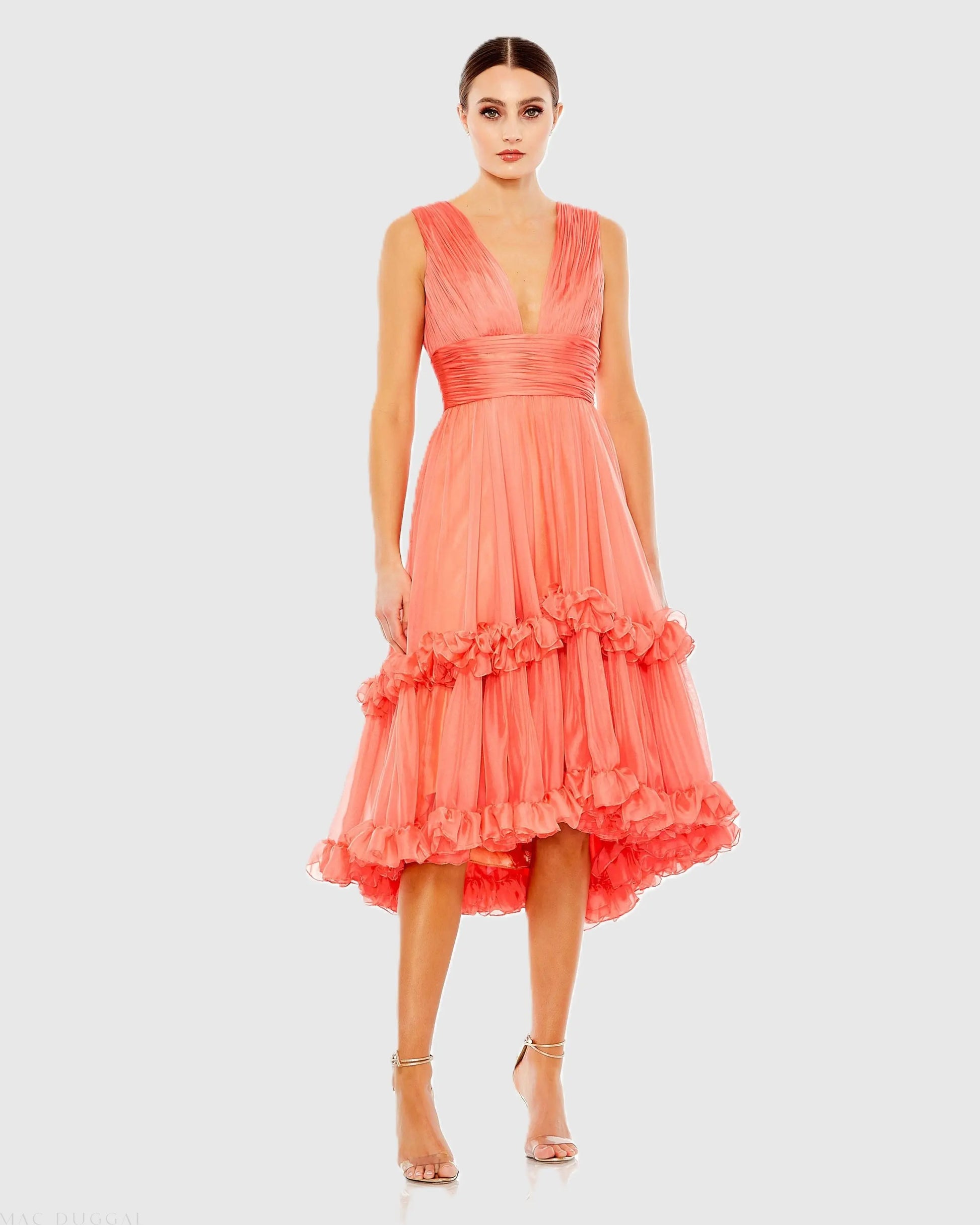 V-Neck Sleeveless Tiered Ruffle Midi Dress | Mac Duggal V-Neck Sleeveless Tiered Ruffle Midi Dress | Mac Duggal