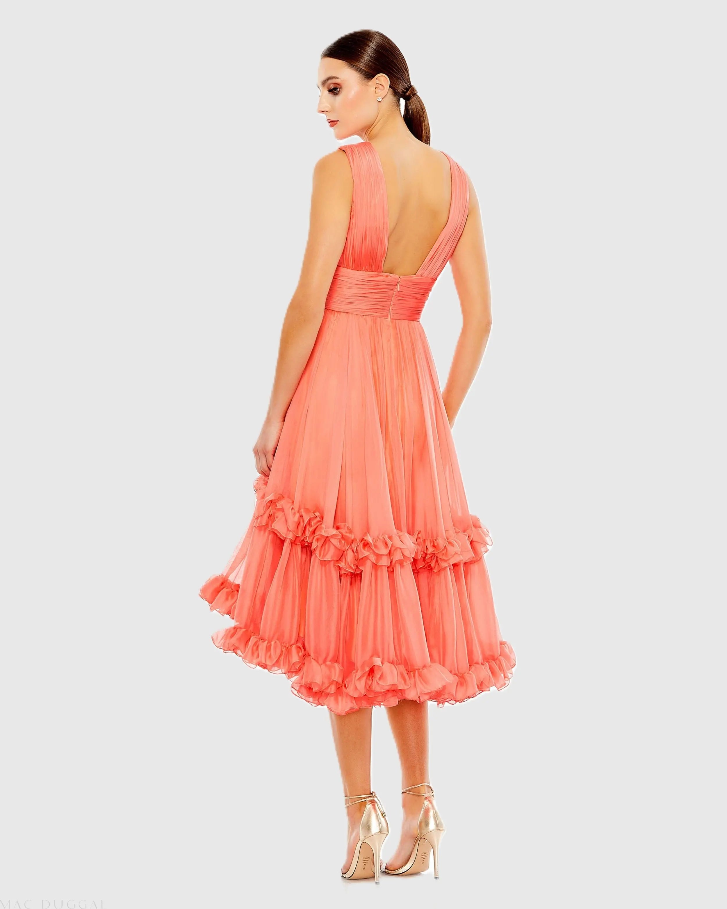 Orange V-Neck Sleeveless Tiered Ruffle Midi Dress Mac Duggal