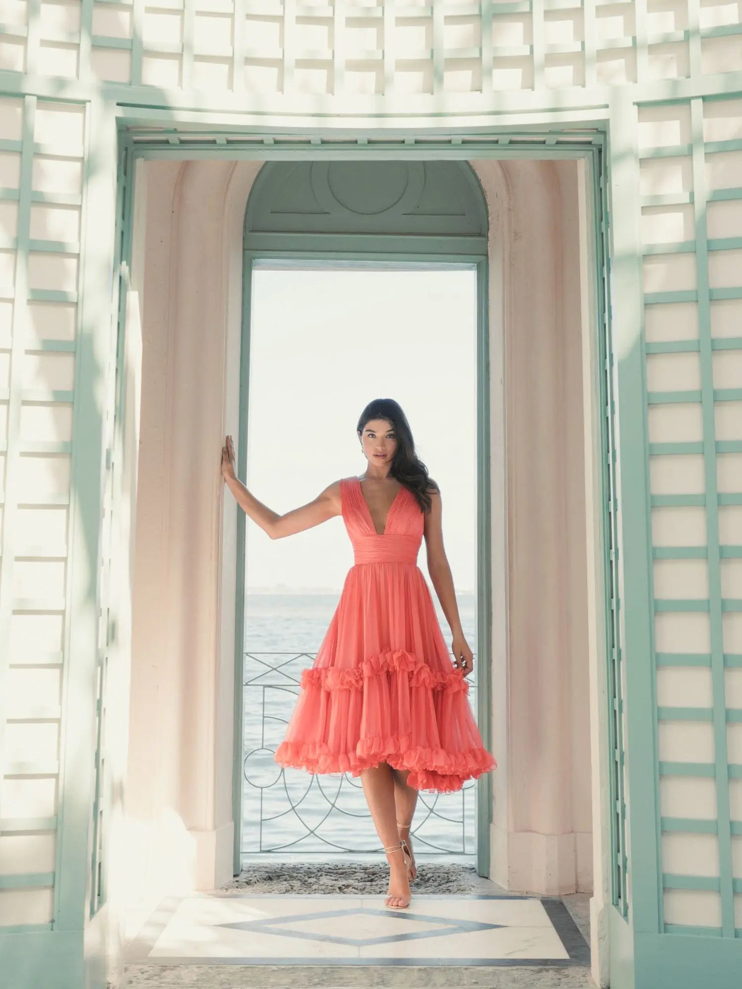 V-Neck Sleeveless Tiered Ruffle Midi Dress | Mac Duggal V-Neck Sleeveless Tiered Ruffle Midi Dress | Mac Duggal