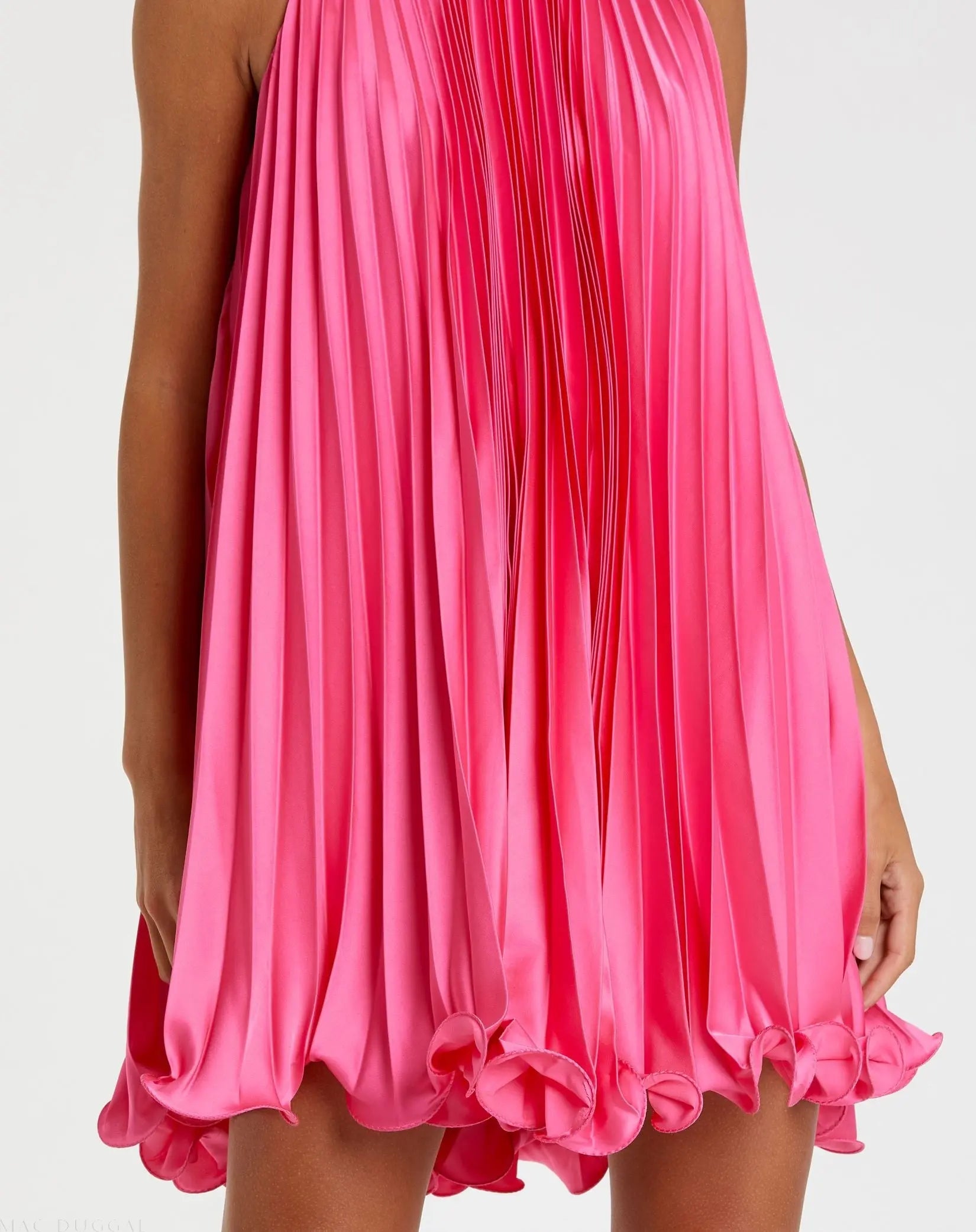 Pink Pleated Halter Neck Flowy Mini Trapeze Dress - Mac Duggal Pink Pleated Halter Neck Flowy Mini Trapeze Dress - Mac Duggal