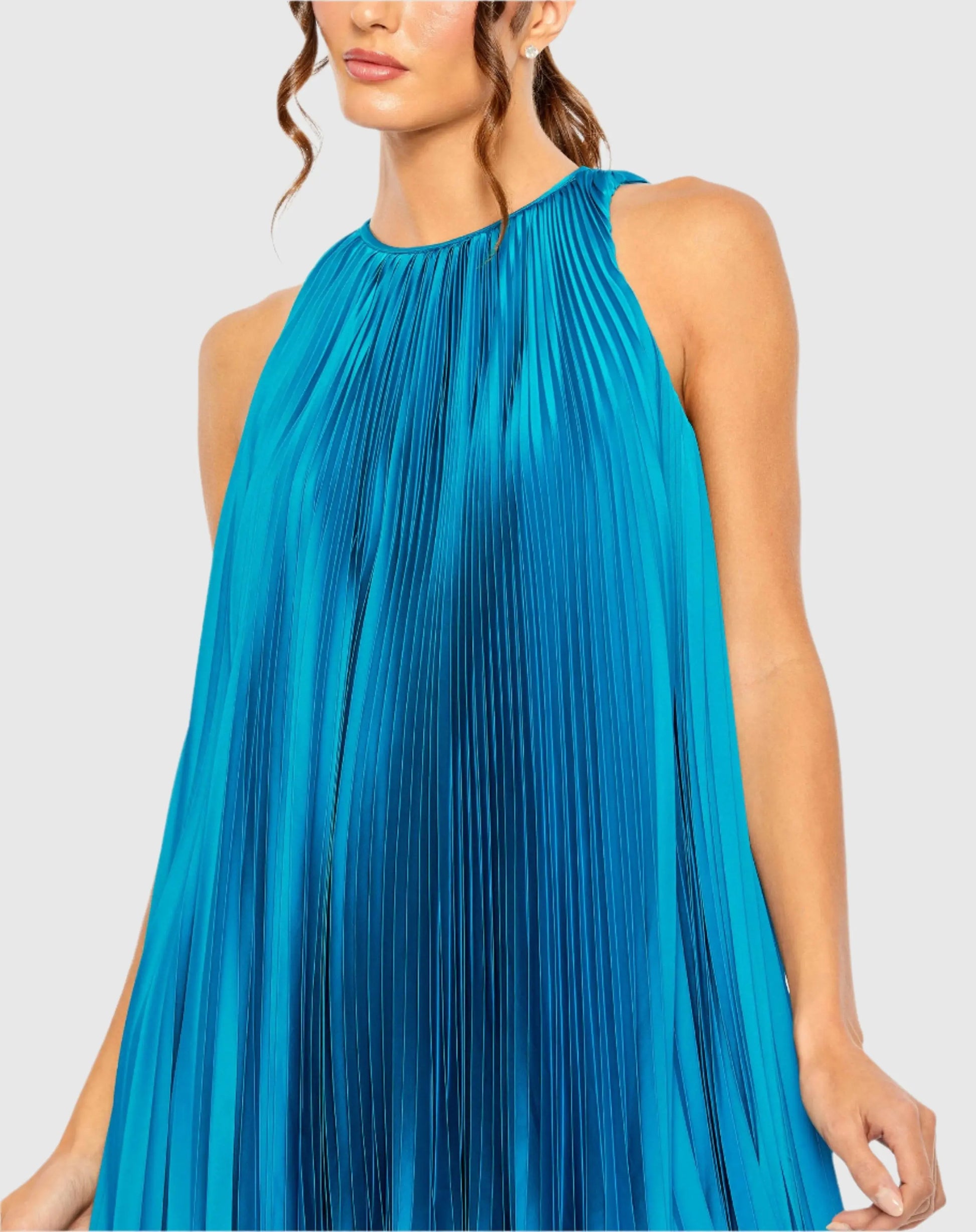 Blue Pleated Halter Neck Flowy Mini Trapeze Dress - Mac Duggal