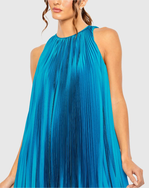 Blue Pleated Halter Neck Flowy Mini Trapeze Dress - Mac Duggal