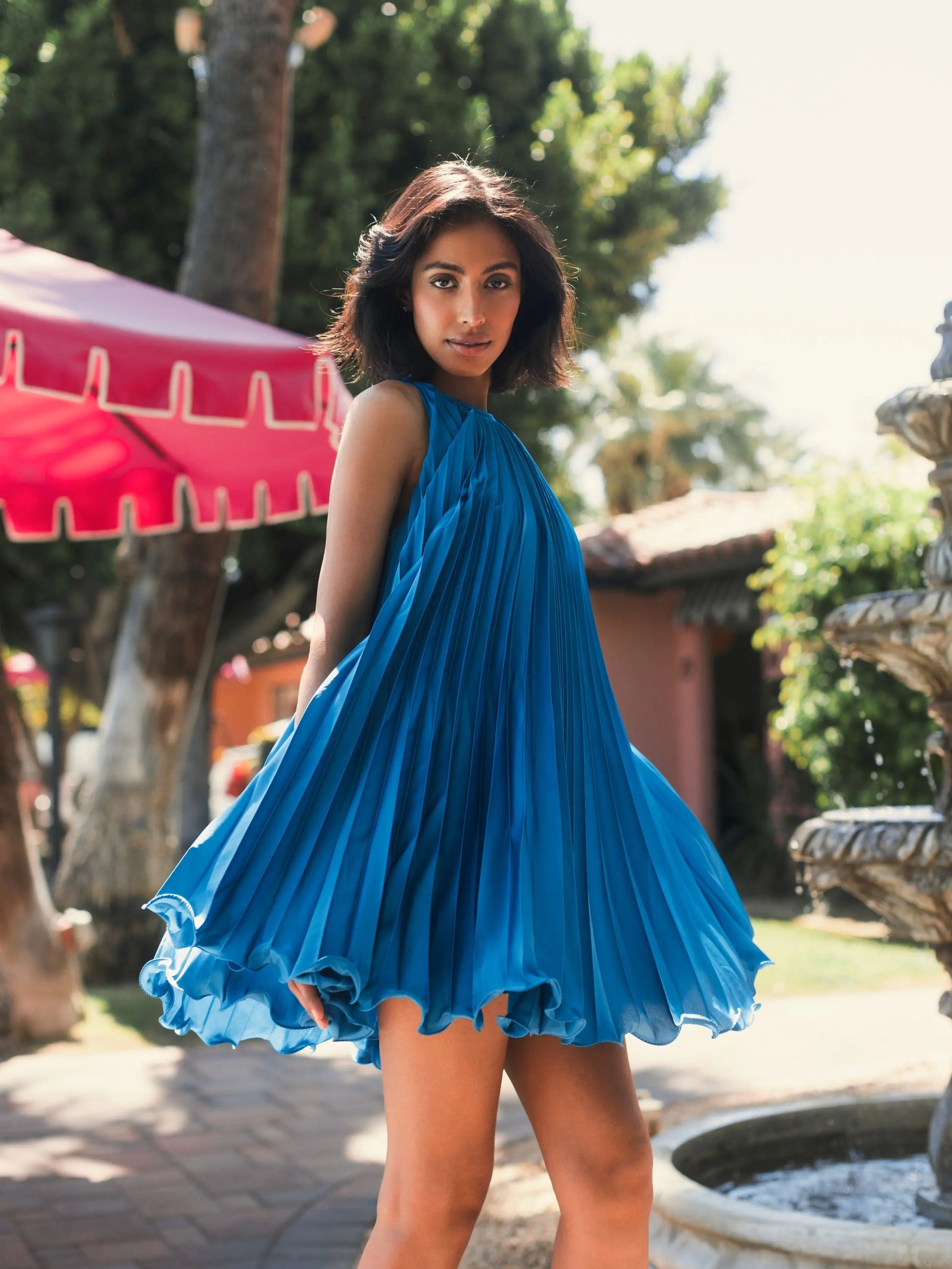 Blue Pleated Halter Neck Flowy Mini Trapeze Dress - Mac Duggal