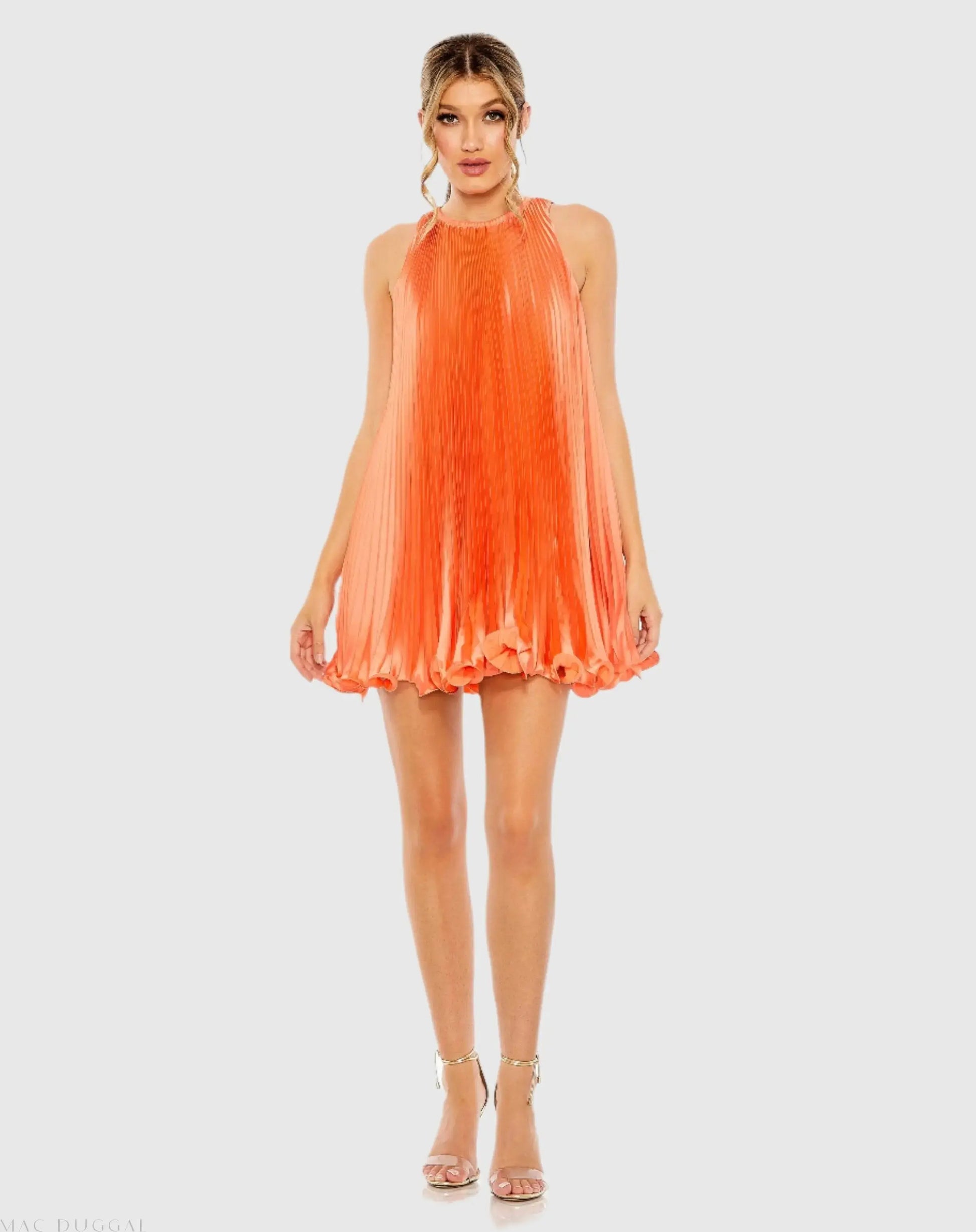 Mac Duggal - Pleated Halter Neck Flowy Mini Trapeze Dress - Ocean Mac Duggal - Pleated Halter Neck Flowy Mini Trapeze Dress - Ocean