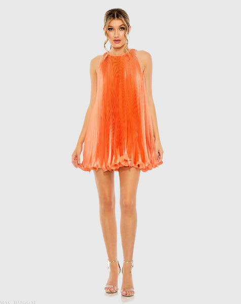 Mac Duggal - Pleated Halter Neck Flowy Mini Trapeze Dress