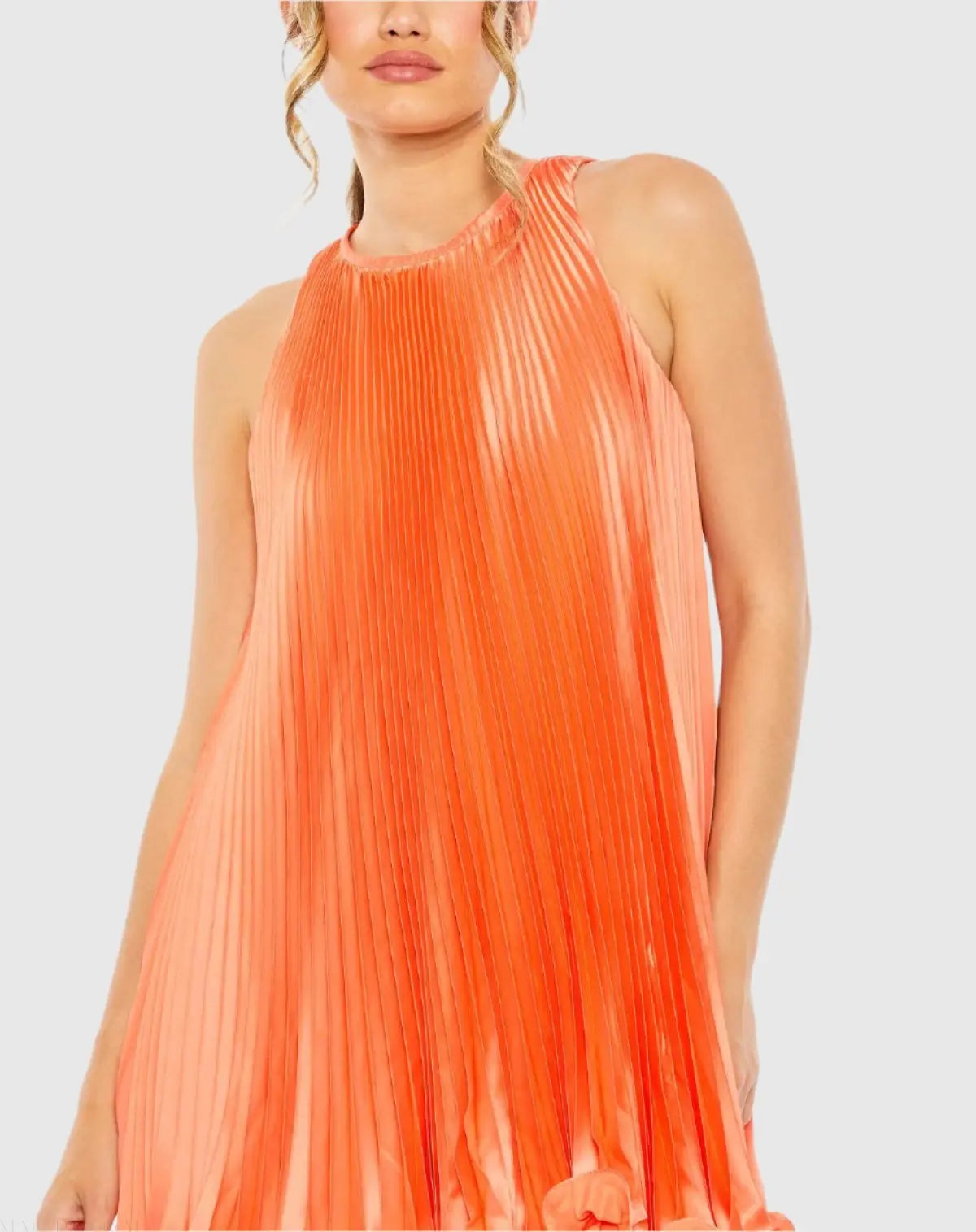 Orange Pleated Halter Neck Flowy Mini Trapeze Dress - Mac Duggal