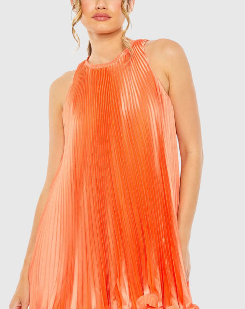 Orange Pleated Halter Neck Flowy Mini Trapeze Dress