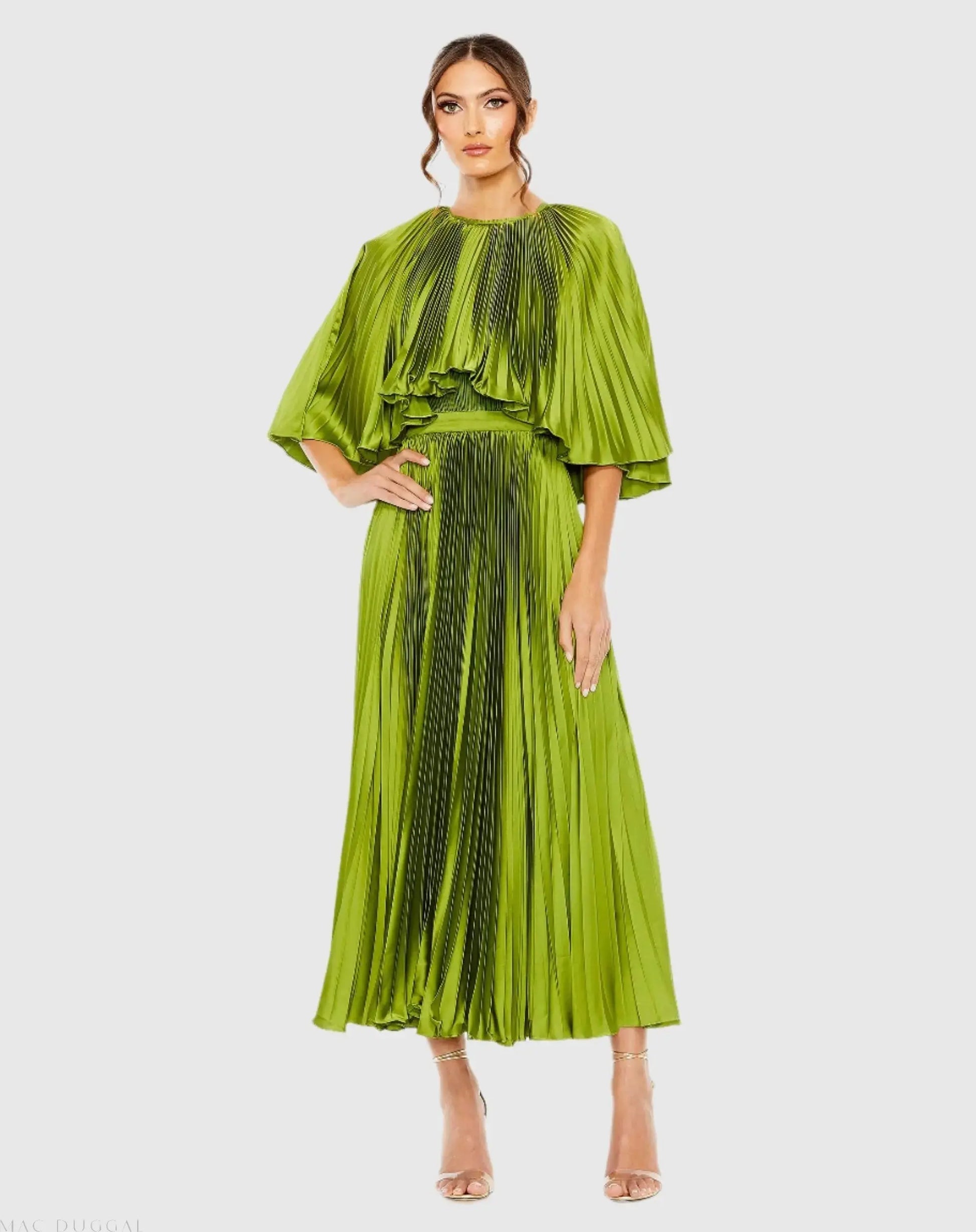 mac duggal apple green dress Green Metallic Pleated Gown With 3D Flower