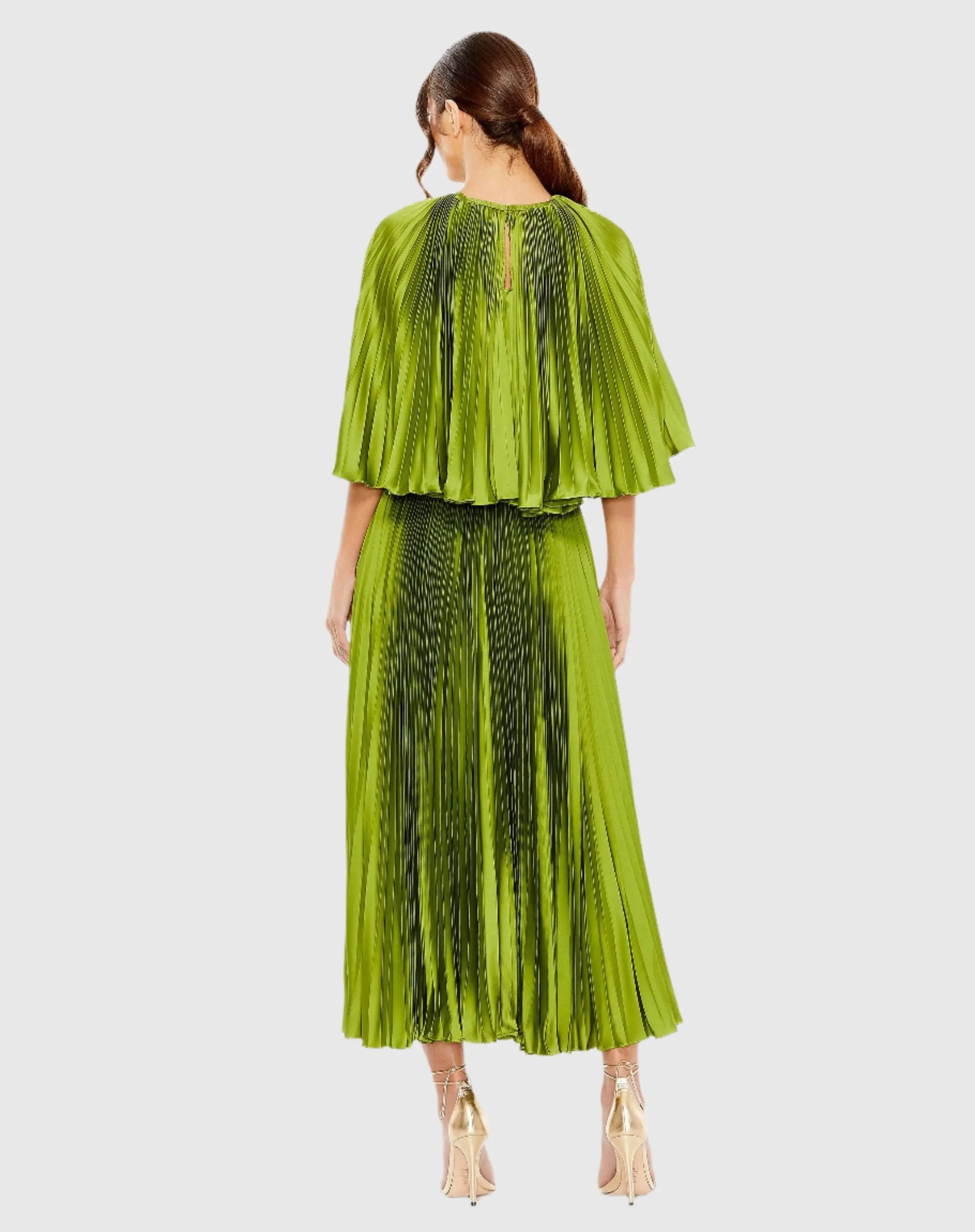 Green Pleated Caplet Tea-length Dress - Mac Duggal