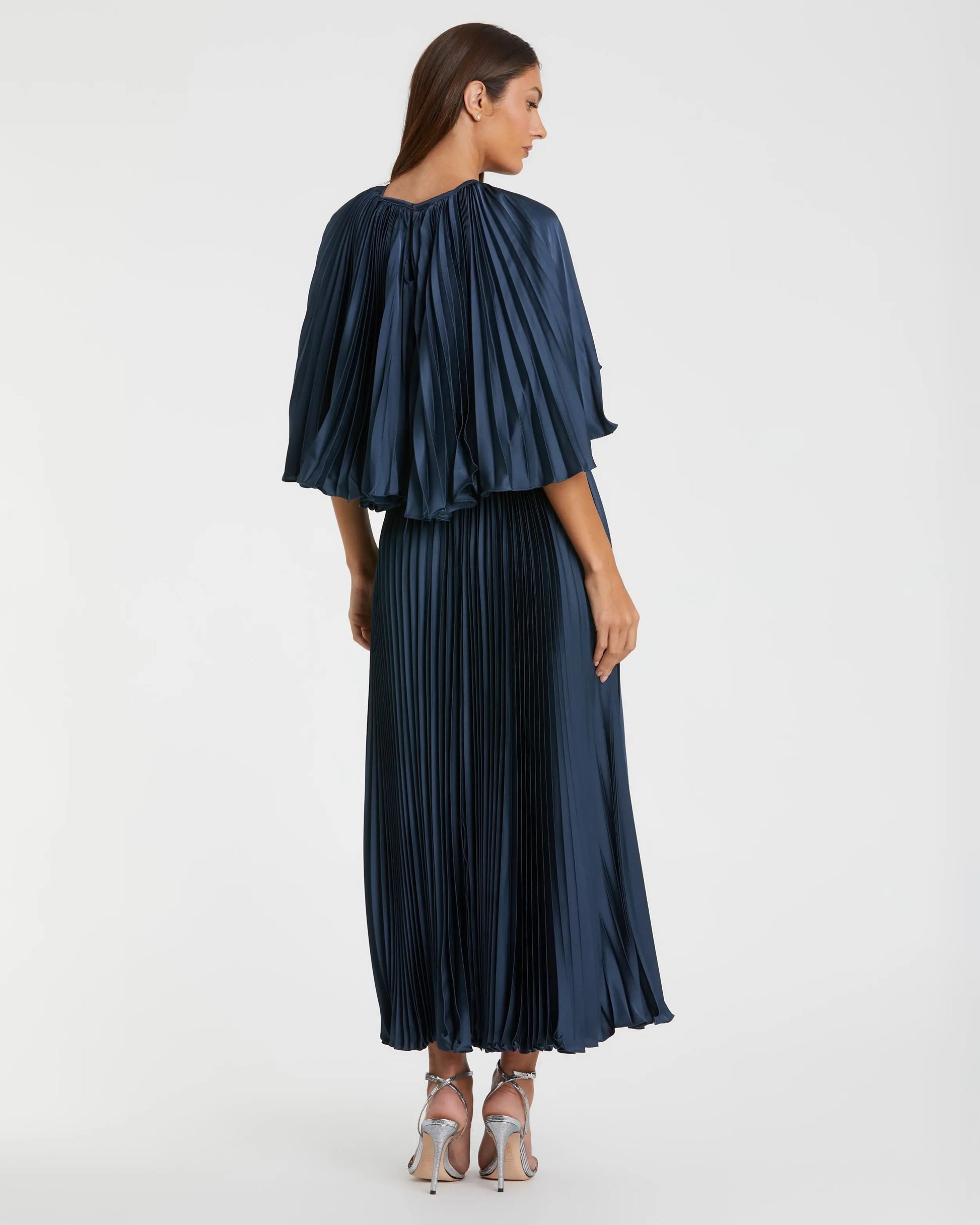Mac Duggal - Navy Pleated Caplet Tea-length Dress Mac Duggal - Navy Pleated Caplet Tea-length Dress