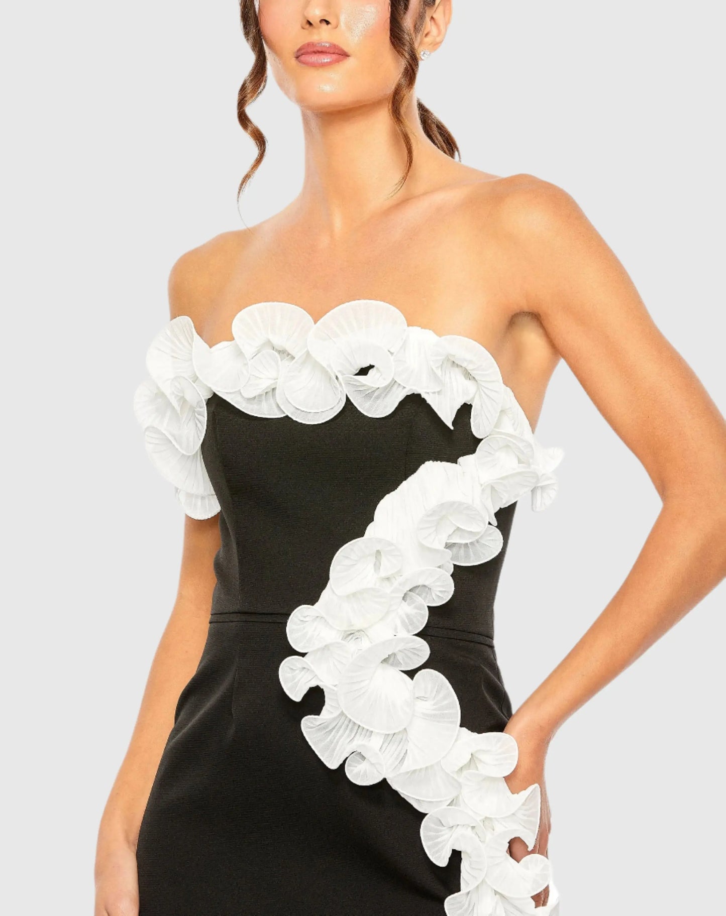 Black and White Strapless Ruffle Detail Mini Dress - Ieena for Mac Duggal