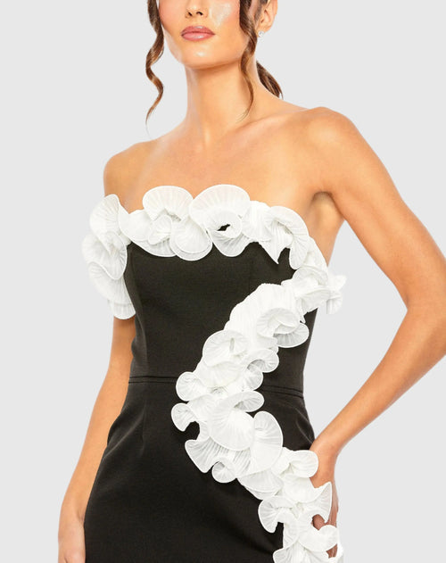 Black and White Strapless Ruffle Detail Mini Dress - Ieena for Mac Duggal