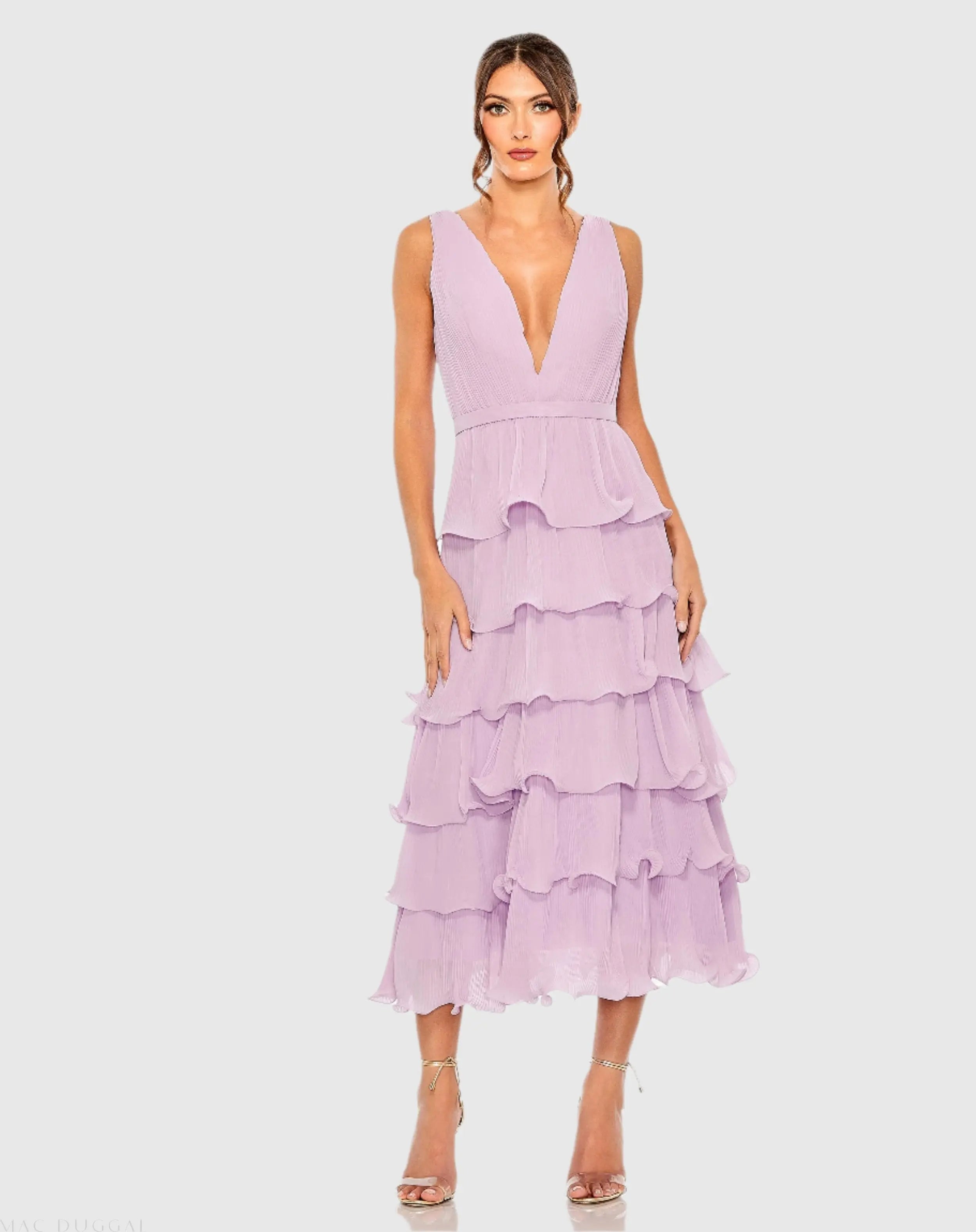 Purple Deep V Chiffon Sleeveless Ruffle Midi Dress - Ieena for Mac Duggal