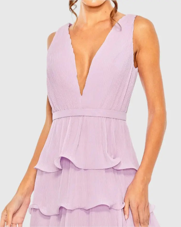 Purple Plunge Neck Sleeveless Chiffon Ruffle Midi Dress | Mac Duggal