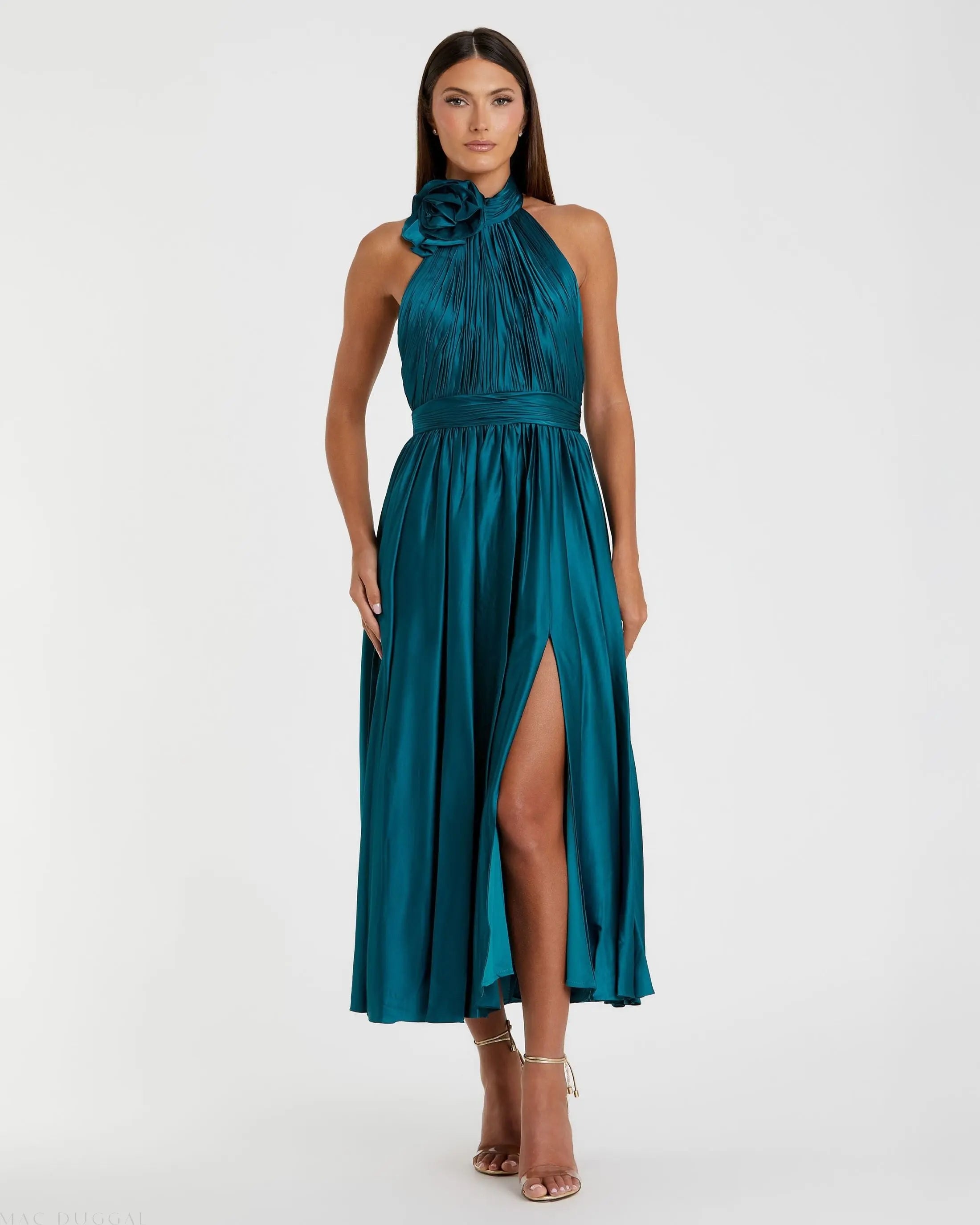Teal Pleated Charmeuse High Neck Sleeveless Midi Dress - Mac Duggal