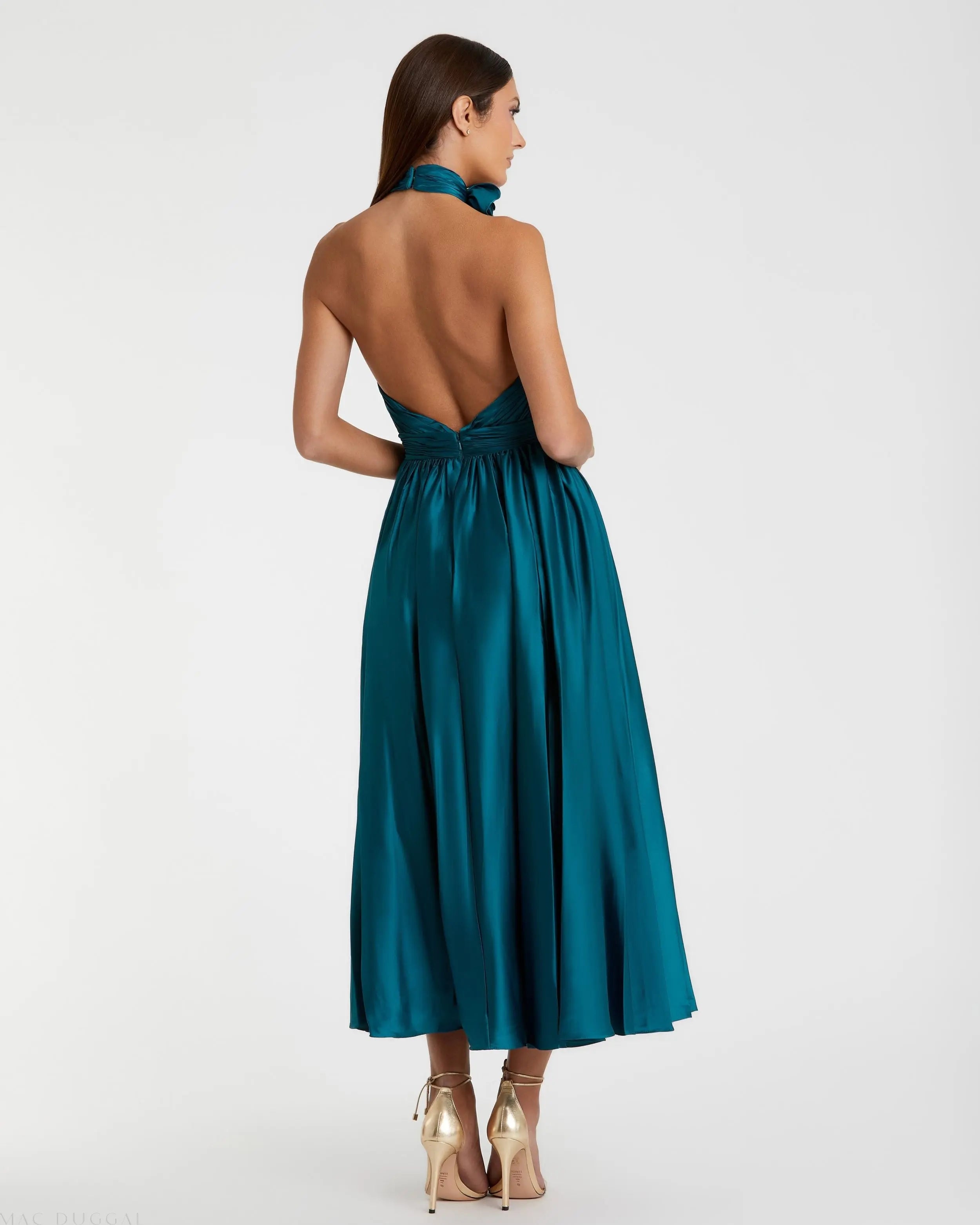 Teal Pleated Charmeuse High Neck Sleeveless Midi Dress - Mac Duggal