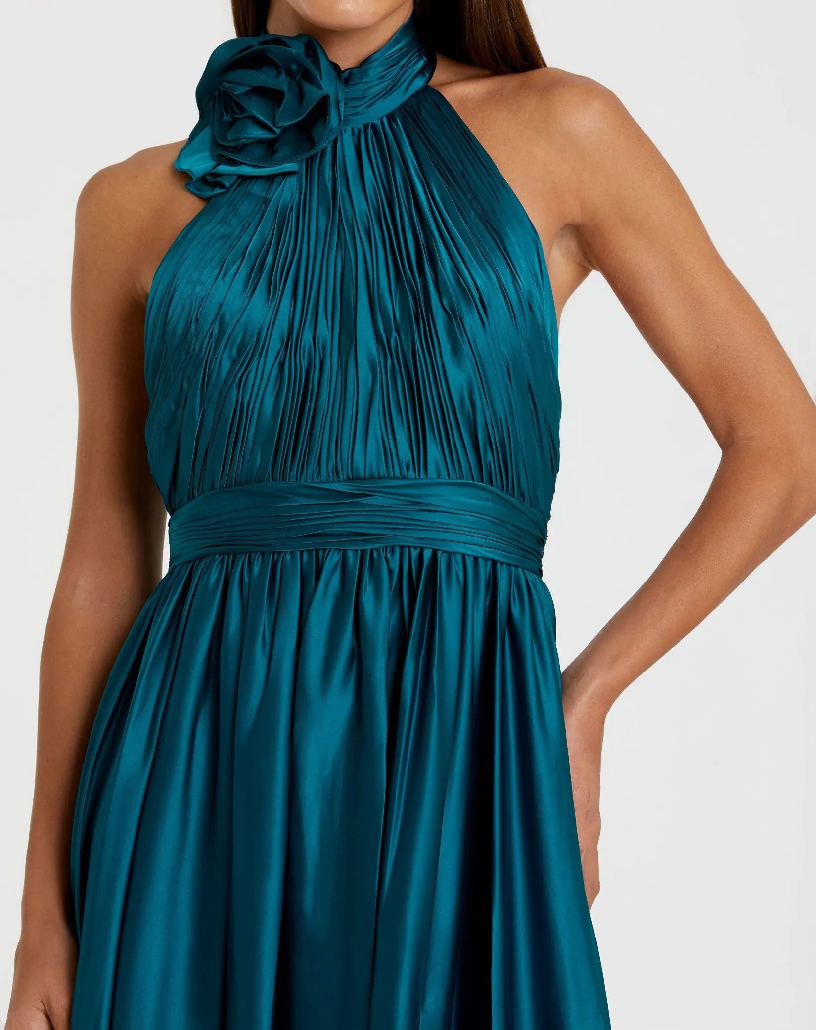 Green Halter Neck Flower Detail Ruffled Midi Dress | Mac Duggal Green Halter Neck Flower Detail Ruffled Midi Dress | Mac Duggal