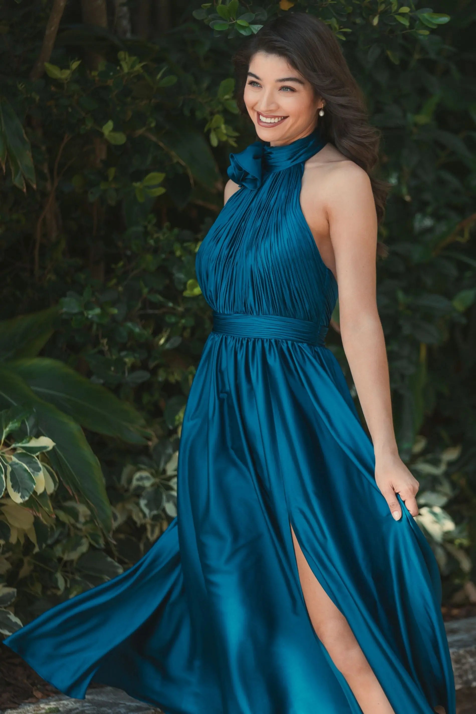 Teal Pleated Charmeuse High Neck Sleeveless Midi Dress - Mac Duggal Teal Pleated Charmeuse High Neck Sleeveless Midi Dress - Mac Duggal