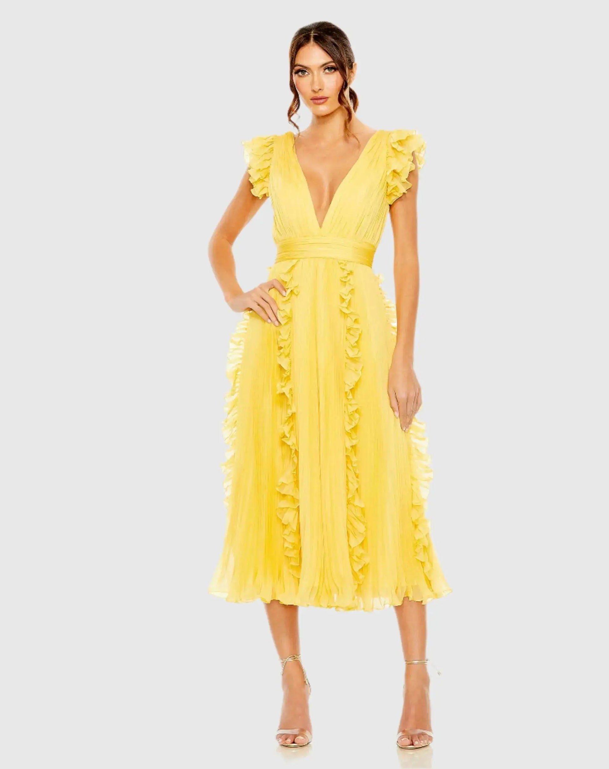 Yellow Pleated Chiffon V Neck Ruffle Midi Dress - Ineea for Mac Duggal