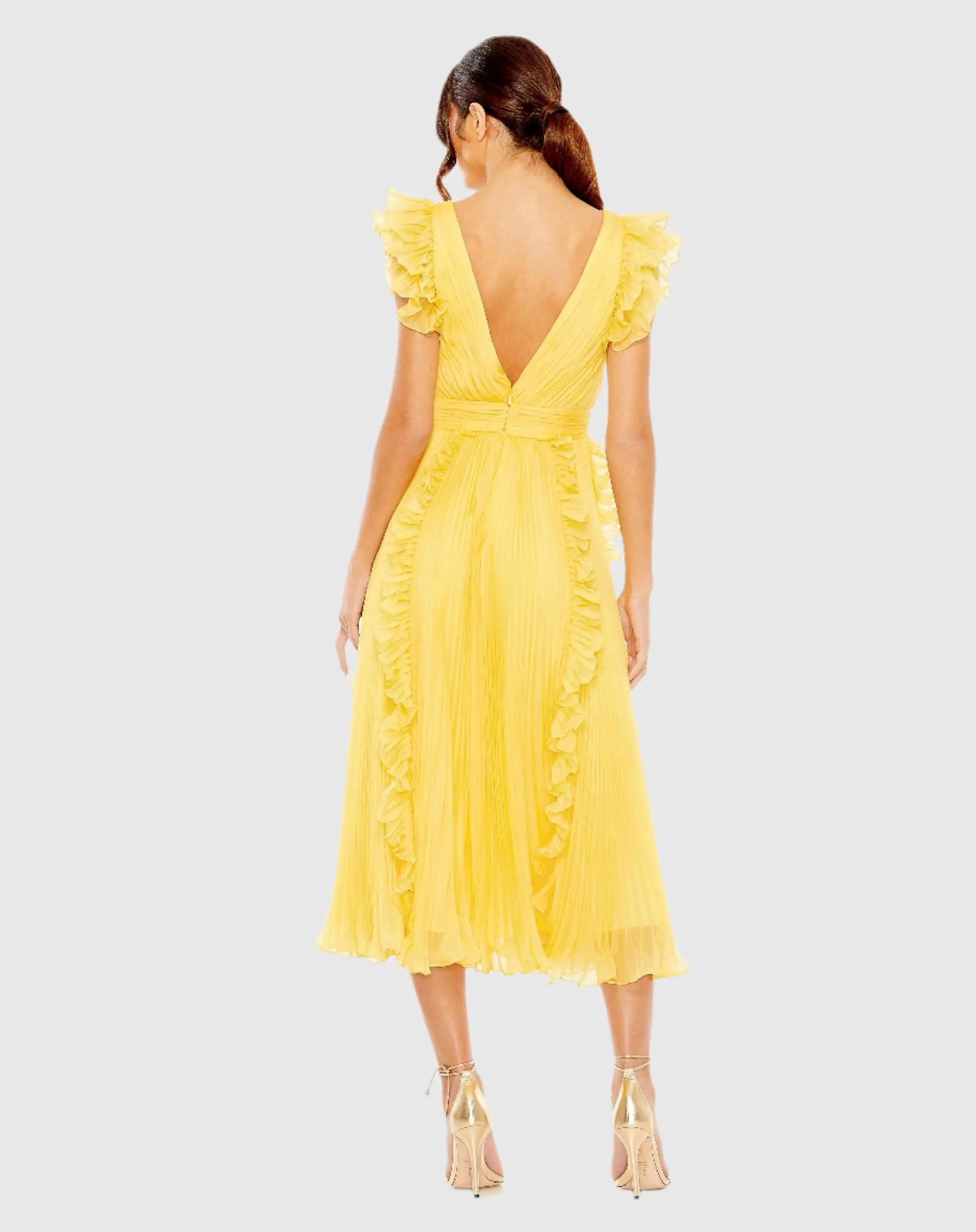 Mac Duggal Pleated Chiffon V-Neck Ruffle Midi Dress - Yellow Mac Duggal Pleated Chiffon V-Neck Ruffle Midi Dress - Yellow
