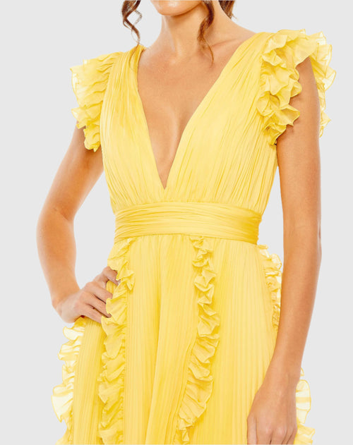 Pleated Chiffon V Neck Ruffle Midi Dress - Mac Duggal