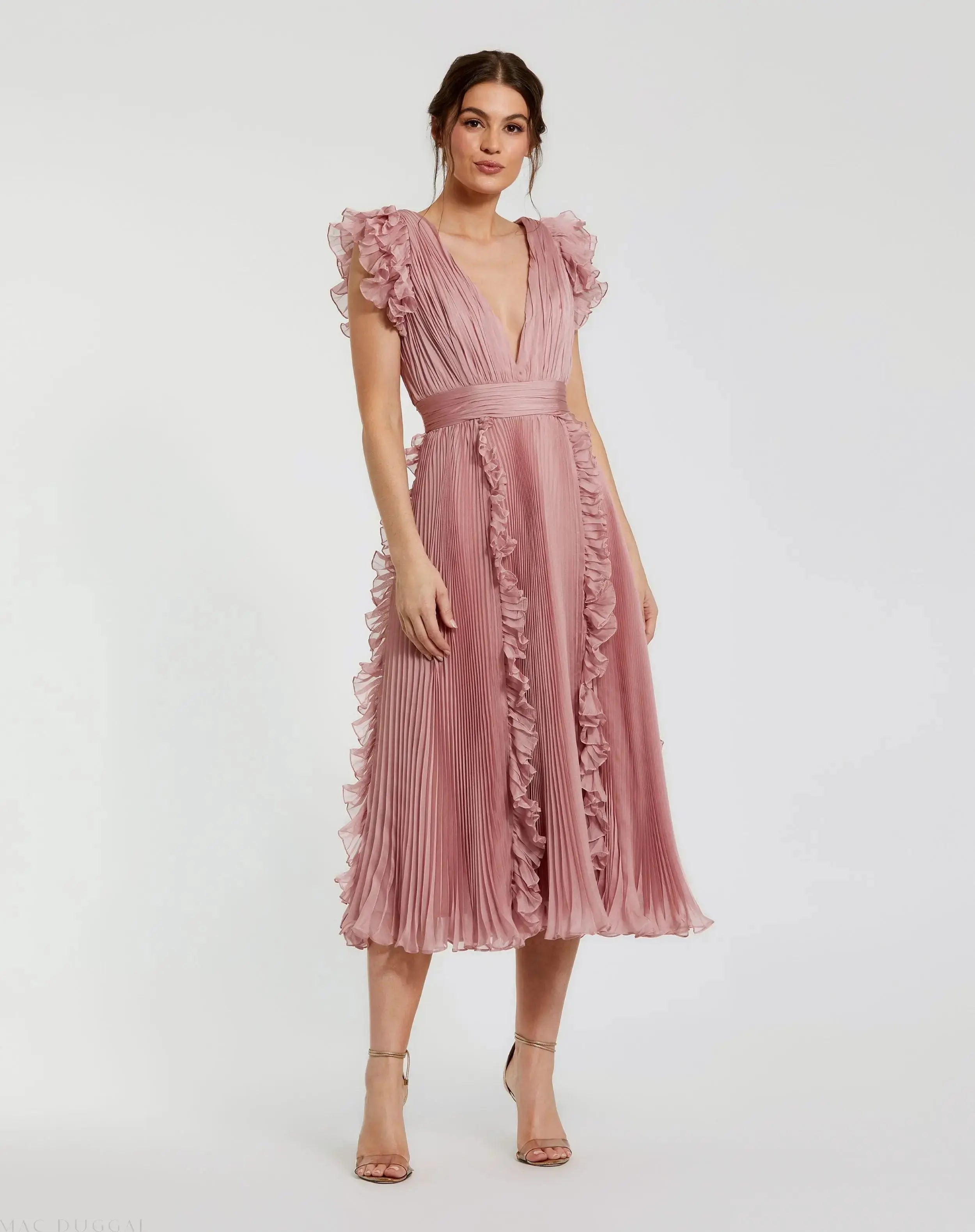 Pink Pleated Chiffon V Neck Ruffle Midi Dress - Mac Duggal