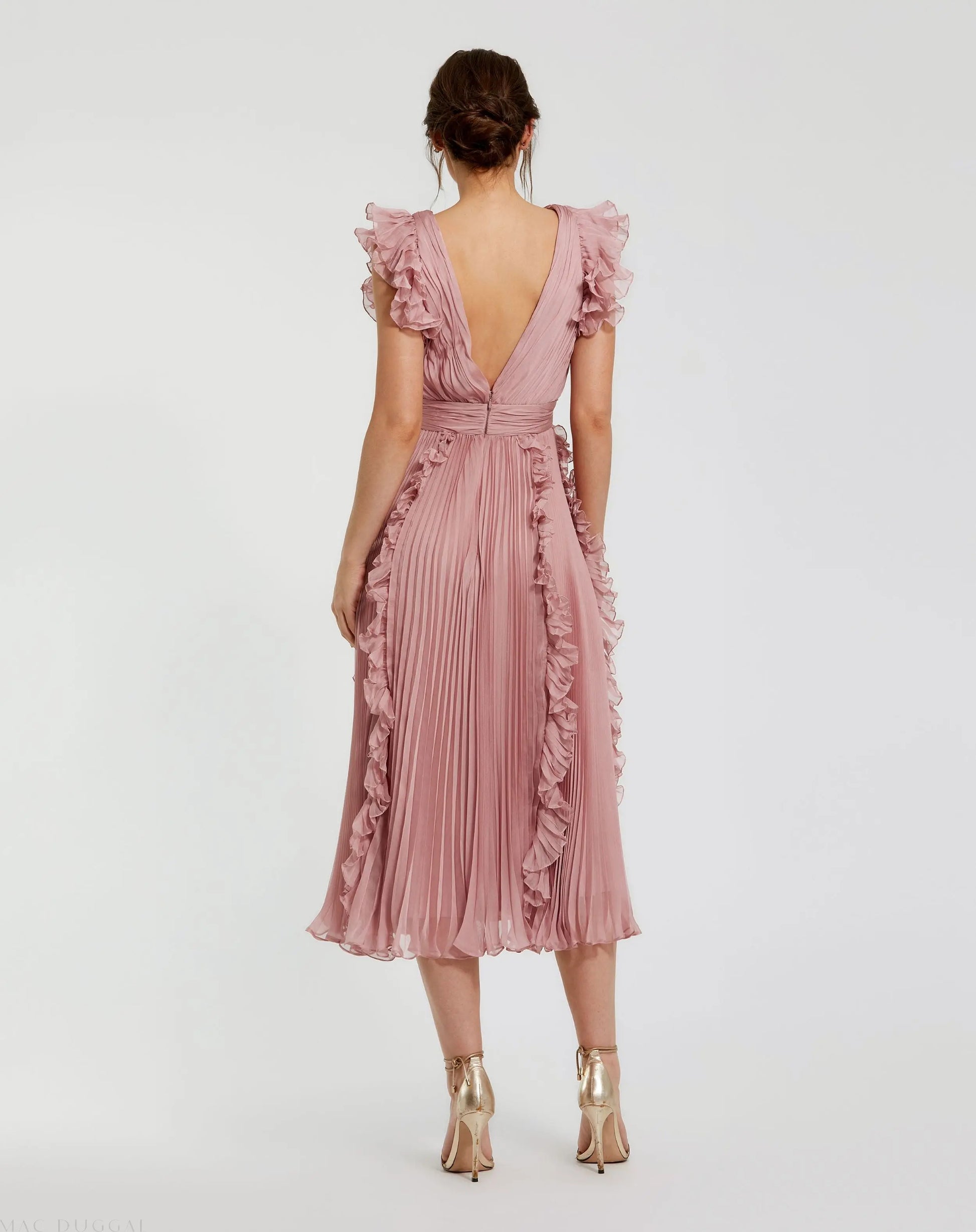 Pink Pleated Chiffon V Neck Ruffle Midi Dress - Mac Duggal Pink Pleated Chiffon V Neck Ruffle Midi Dress - Mac Duggal