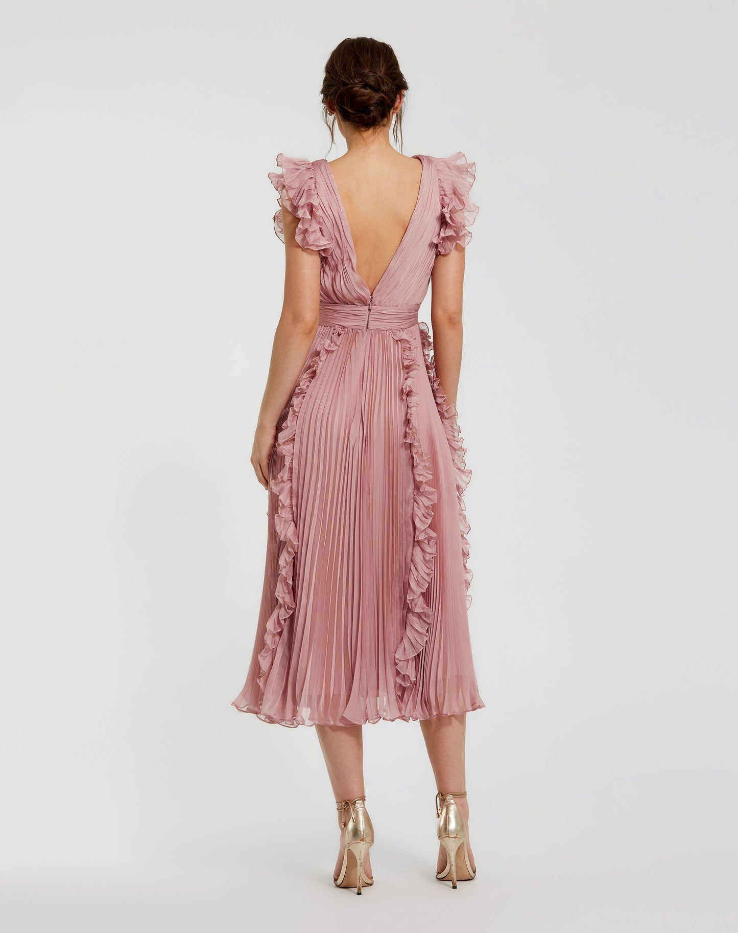 Pleated Chiffon V Neck Ruffle Midi Dress