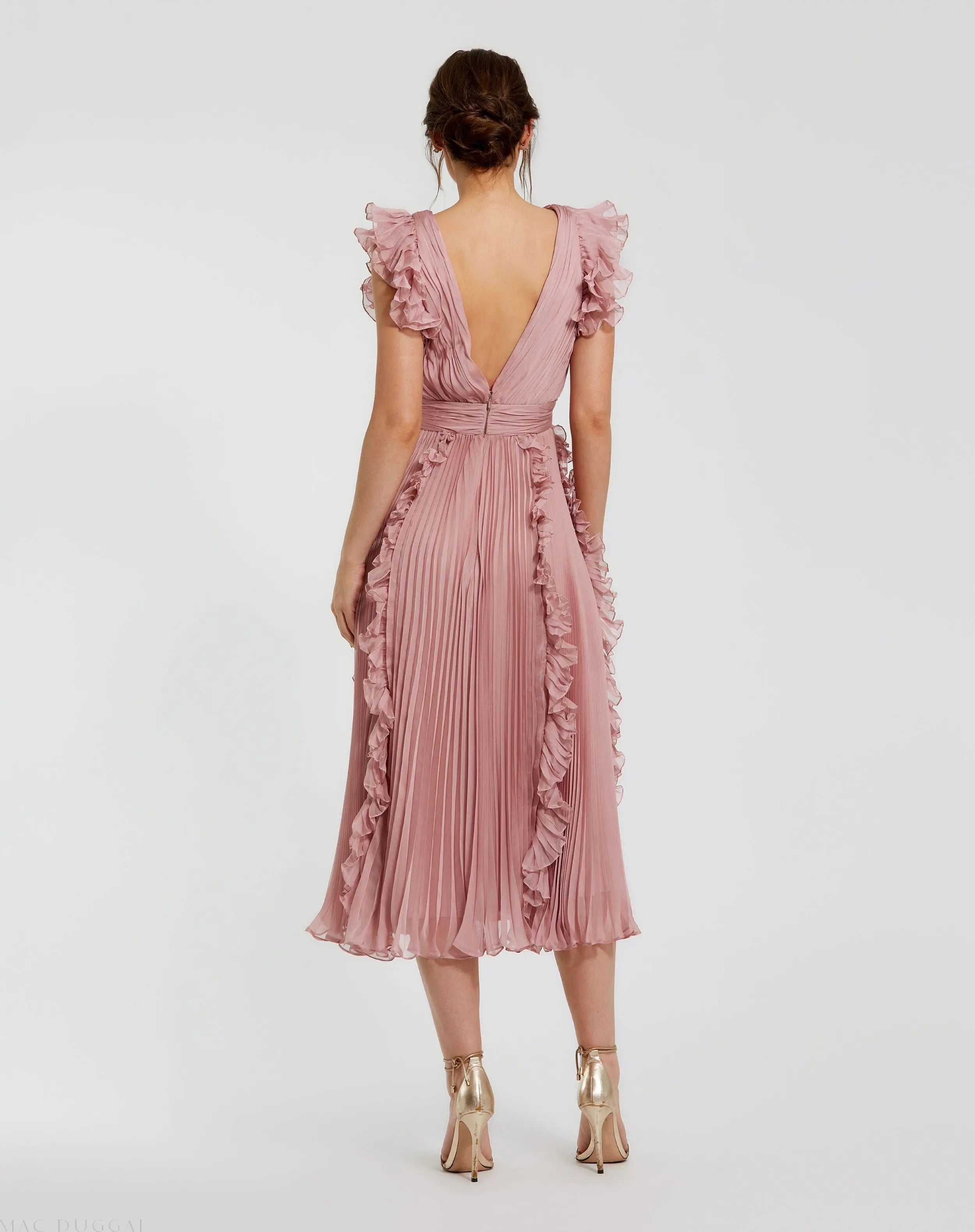 Pink Pleated Chiffon V Neck Ruffle Midi Dress - Mac Duggal
