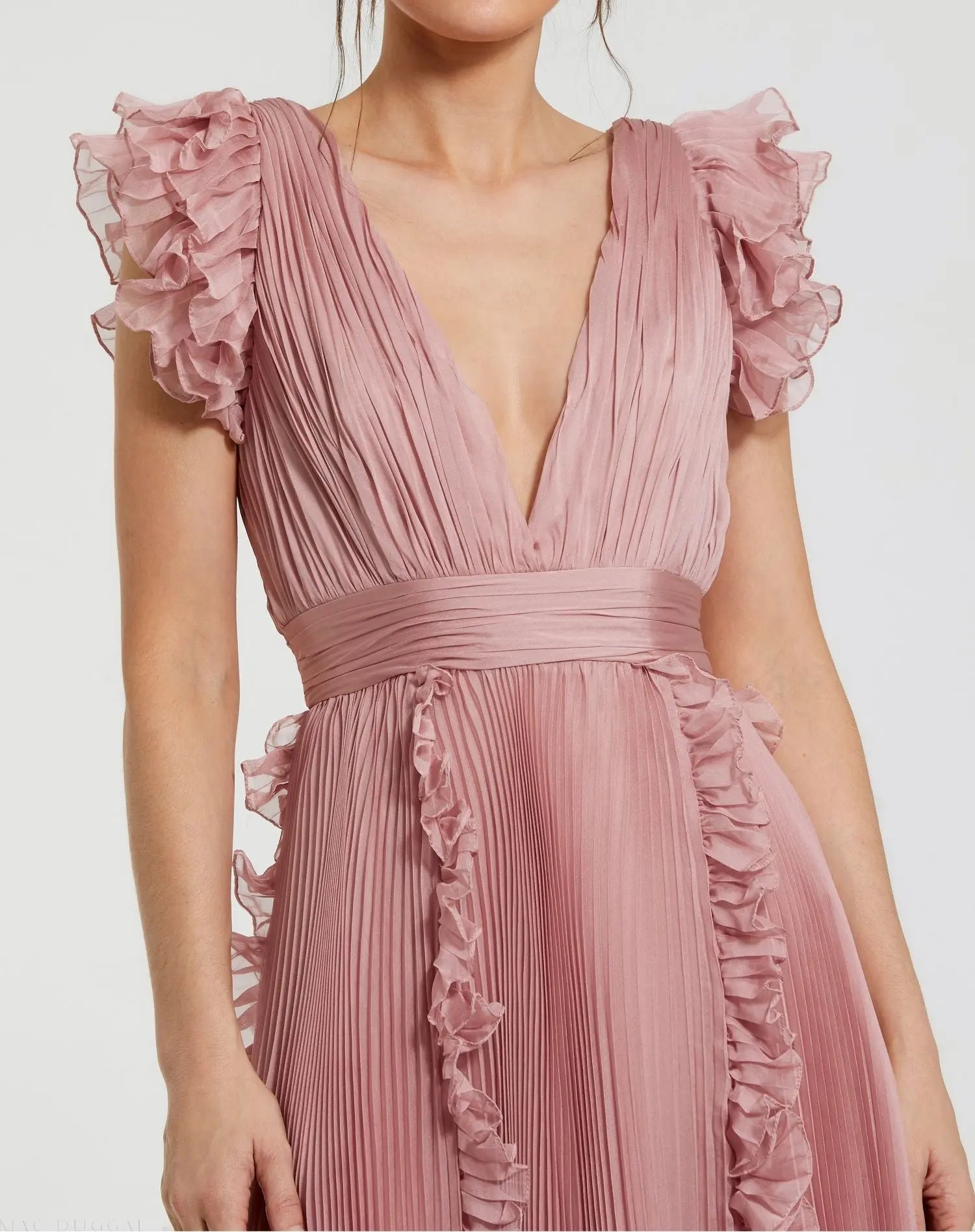 mac duggal pleated v neck dress Pleated Chiffon V Neck Ruffle Midi Dress