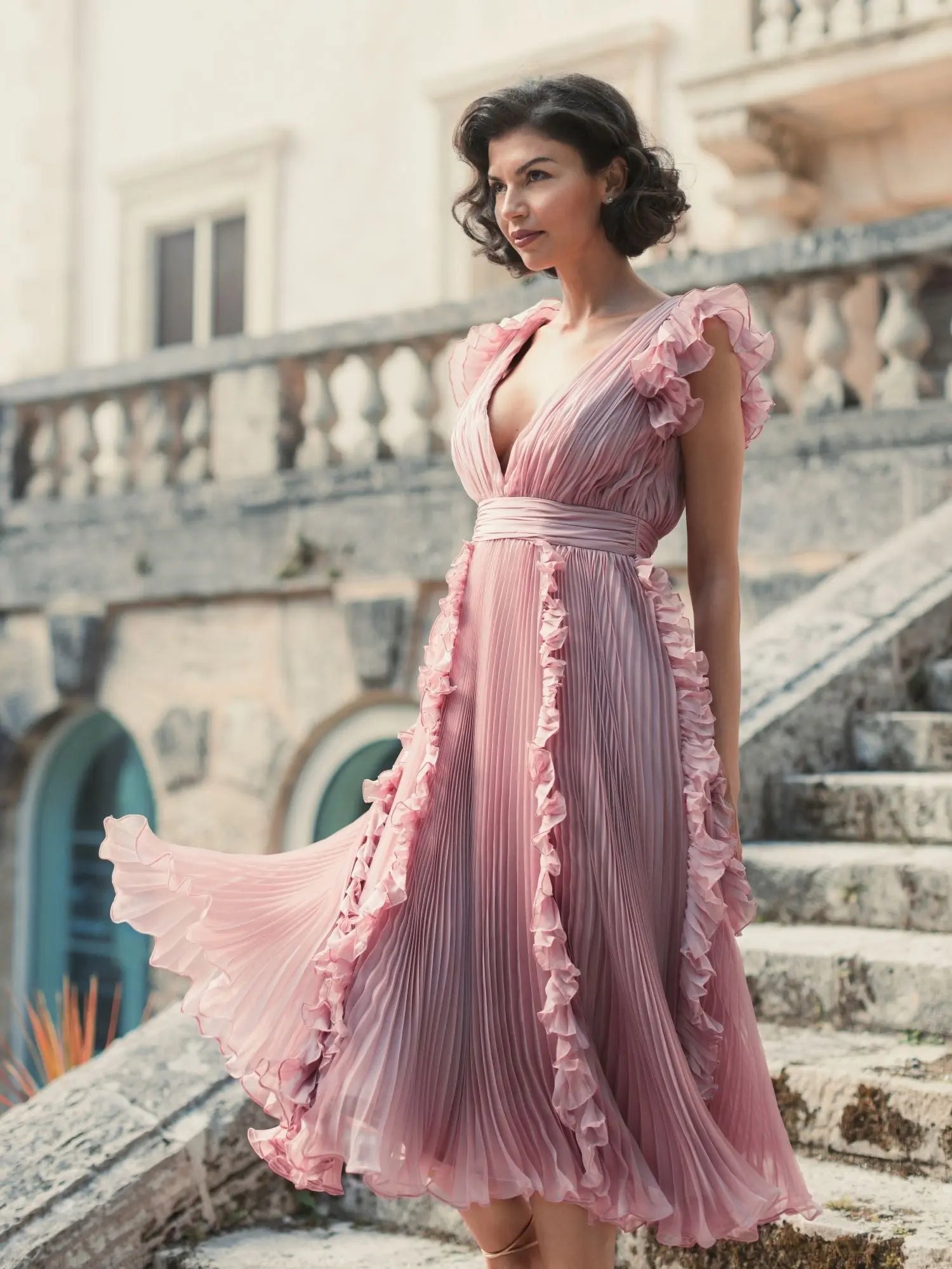 Pink Pleated Chiffon V Neck Ruffle Midi Dress - Mac Duggal
