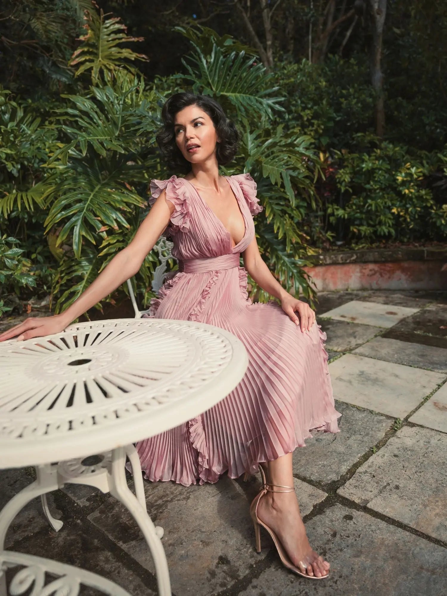 Pink Pleated Chiffon V Neck Ruffle Midi Dress - Mac Duggal Pink Pleated Chiffon V Neck Ruffle Midi Dress - Mac Duggal