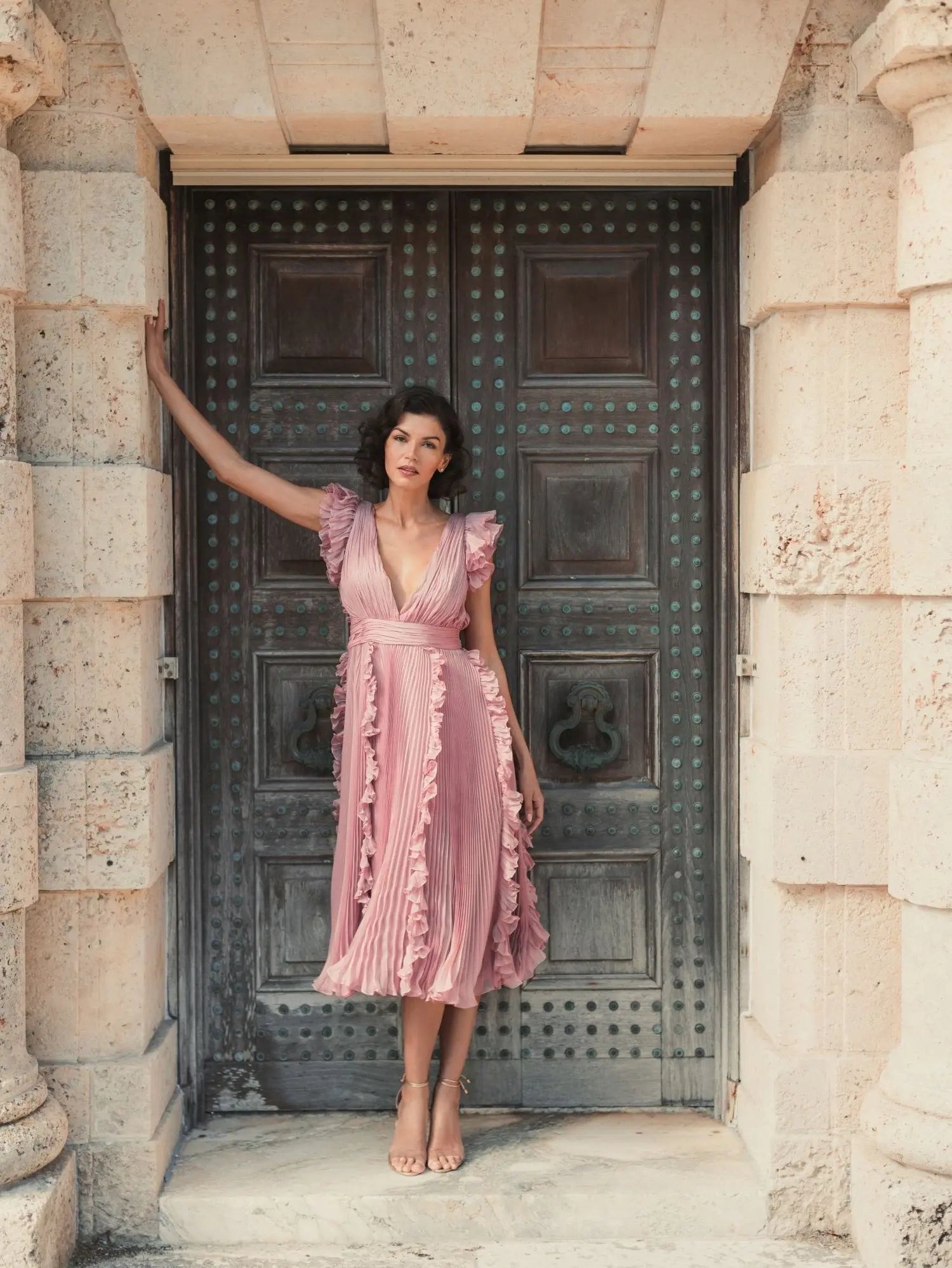 Pink Pleated Chiffon V Neck Ruffle Midi Dress - Mac Duggal Pink Pleated Chiffon V Neck Ruffle Midi Dress - Mac Duggal