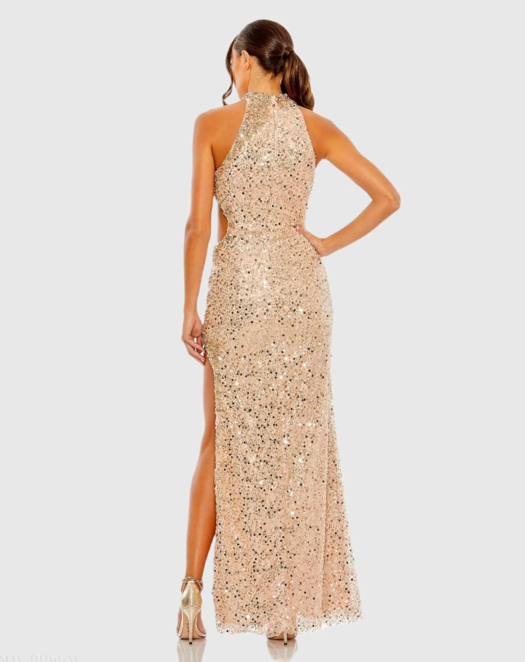 Gold Side Cut Out High Neck Sequin Gown - Mac Duggal Gold Side Cut Out High Neck Sequin Gown - Mac Duggal