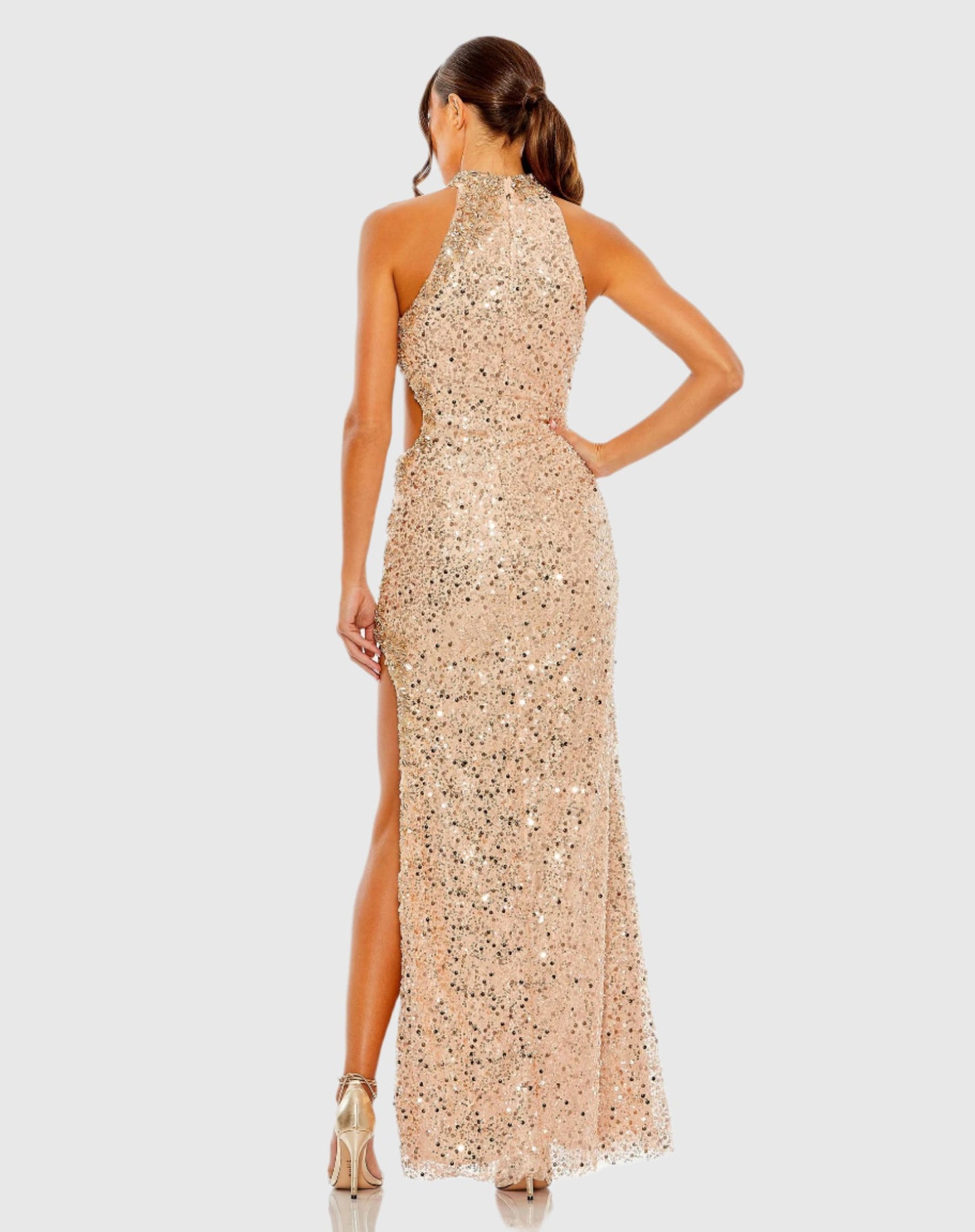 Side Cut Out High Neck Sequin Gown