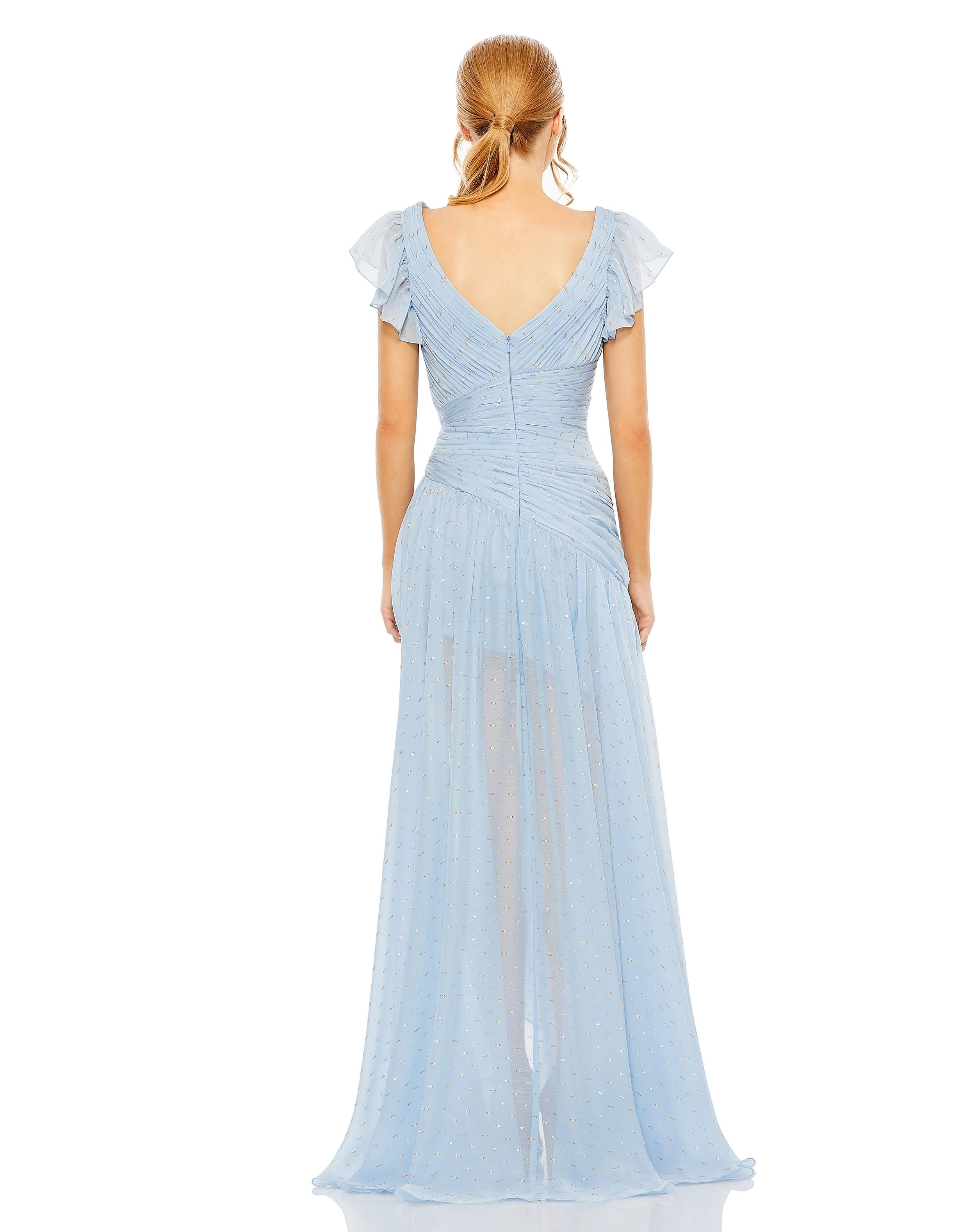 Asymmetrical Ruched Gown With Flutter Sleeves
