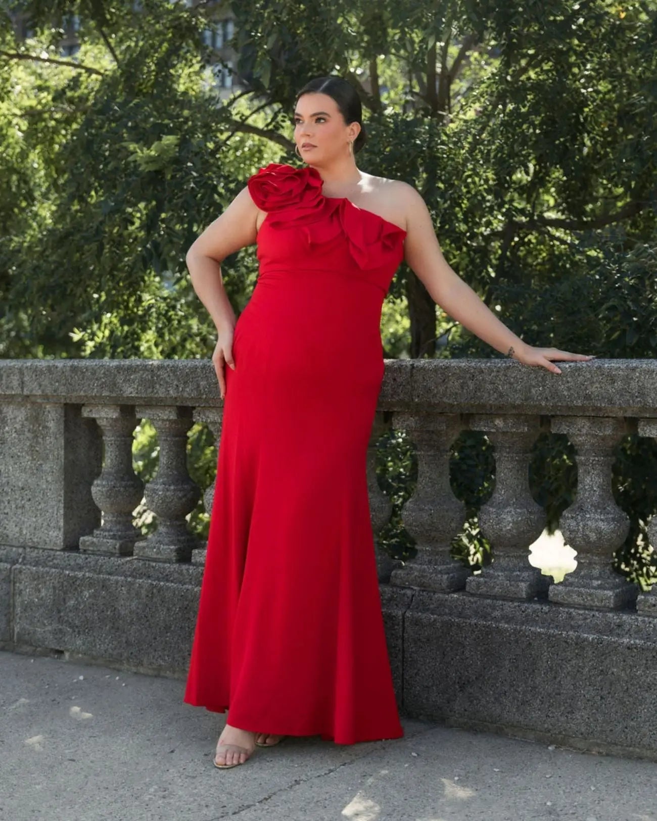 Red One Shoulder Ruffle Detailed Gown (Plus) - FINAL SALE - Mac Duggal